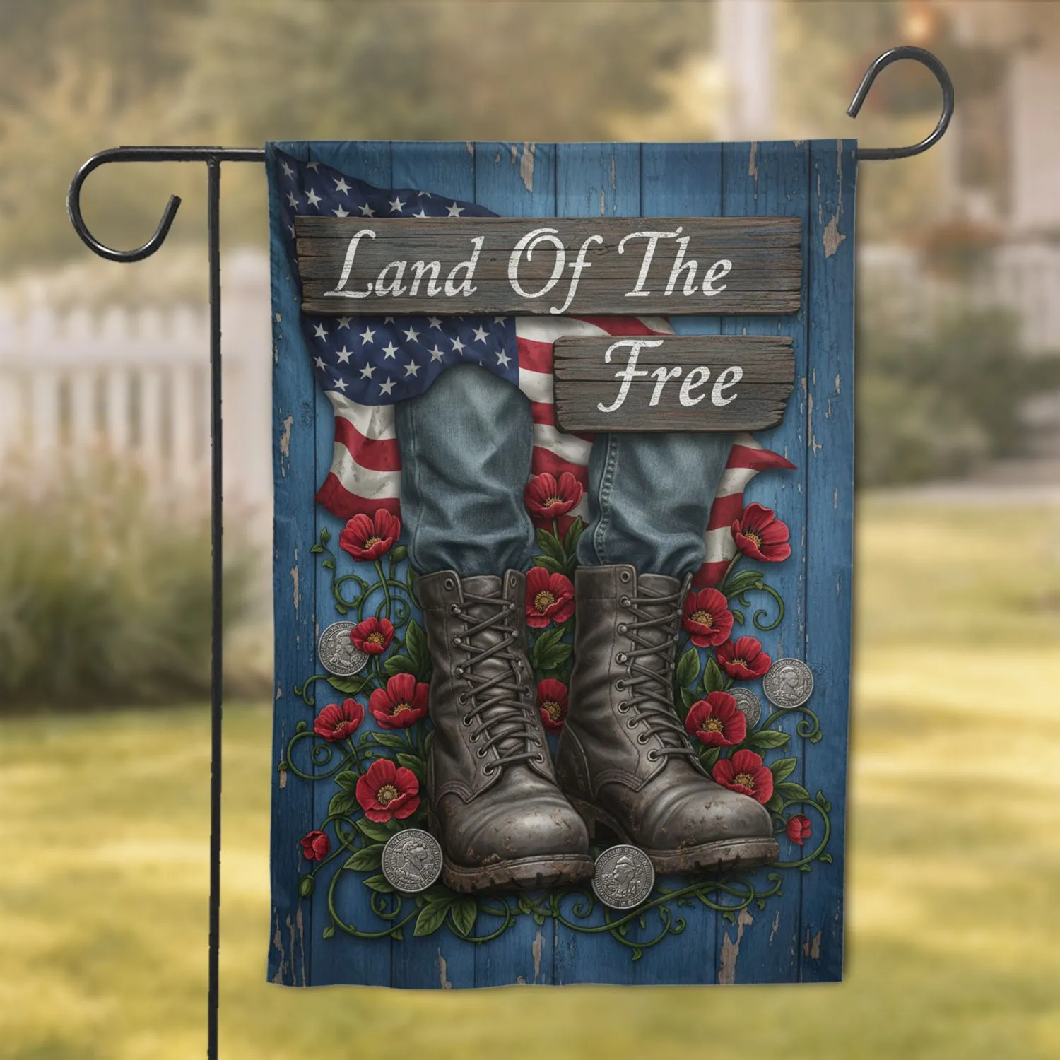 Worn Military Combat Boots Land Of The Free American Flag Patriotic Home Decor Garden Flag - 1