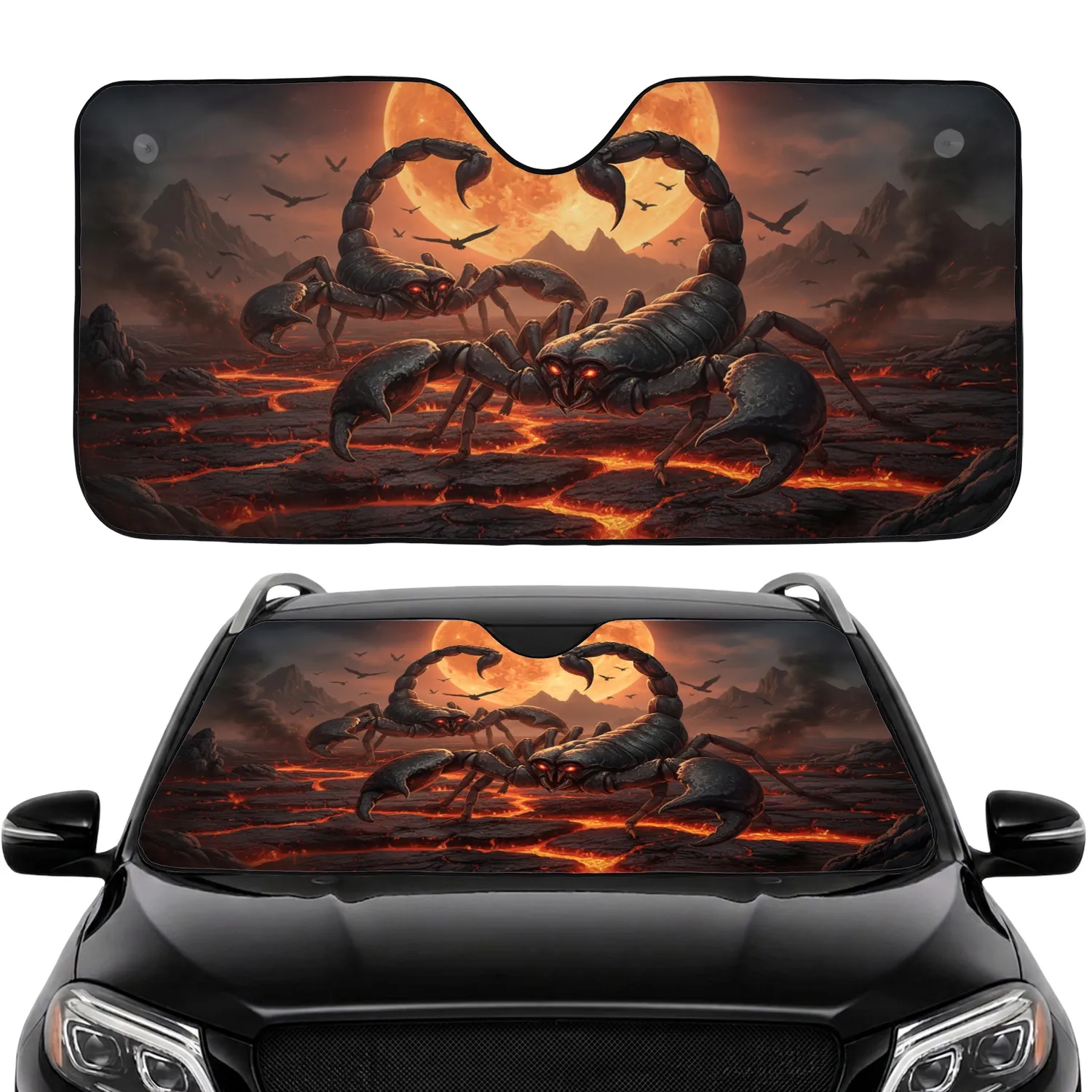Massive Scorpions Fiery Volcanic Landscape Full Moon - Car Interior Upgrade Car Sunshade - 1
