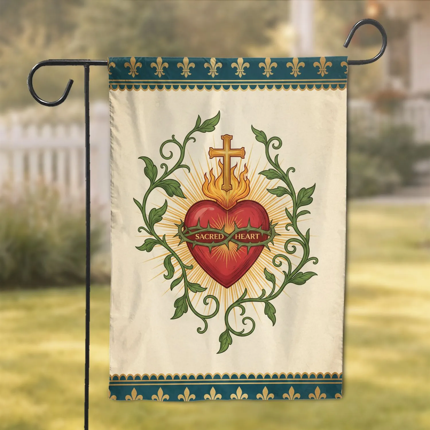 Sacred Heart of Jesus Fleur-de-lis Botanical - Home Decor Gift for Believers Garden Flag - 1