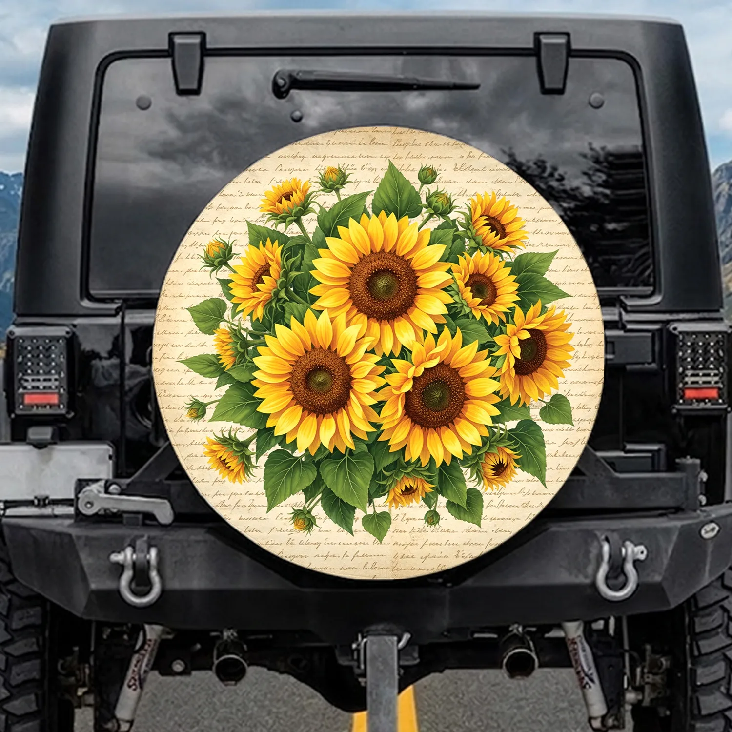 Vibrant Sunflowers Antique Parchment Script - Farmhouse Nature Lover Gift Spare Tire Cover - 1