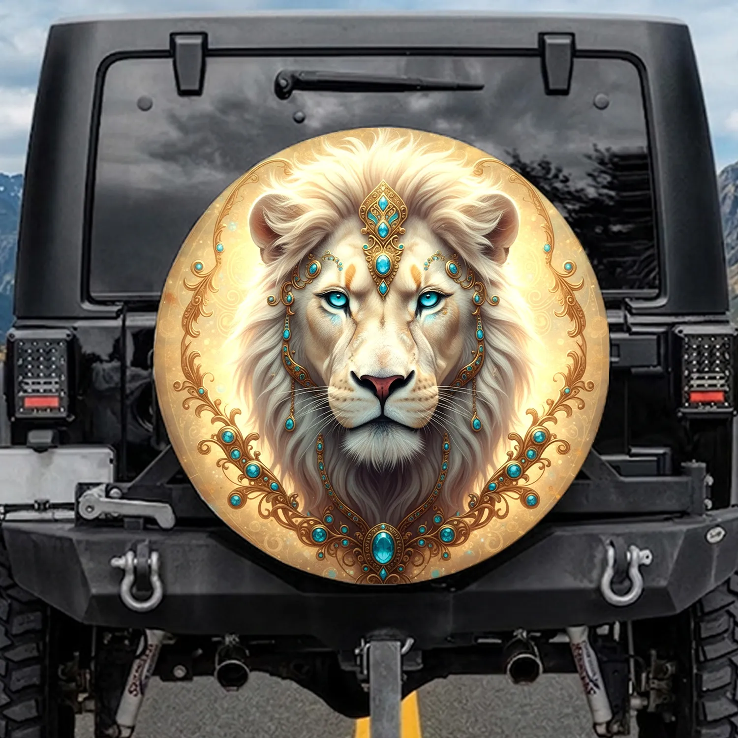 Regal White Lion Golden Filigree Turquoise Gemstones - Wildlife Lover Gift Spare Tire Cover - 1