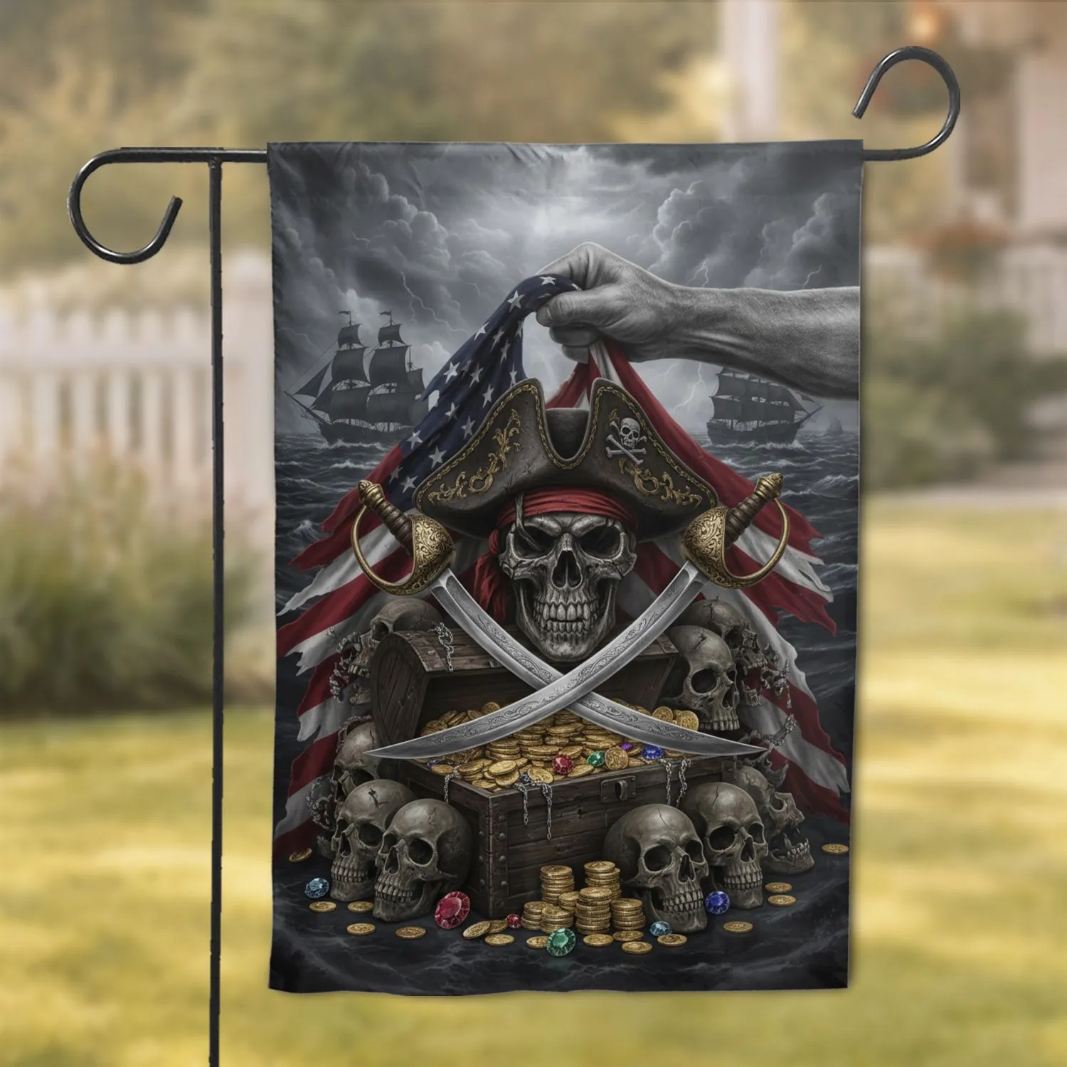 American Flag Pirate Skull Treasure Cutlass - Home Decor Gift Garden Flag - 1