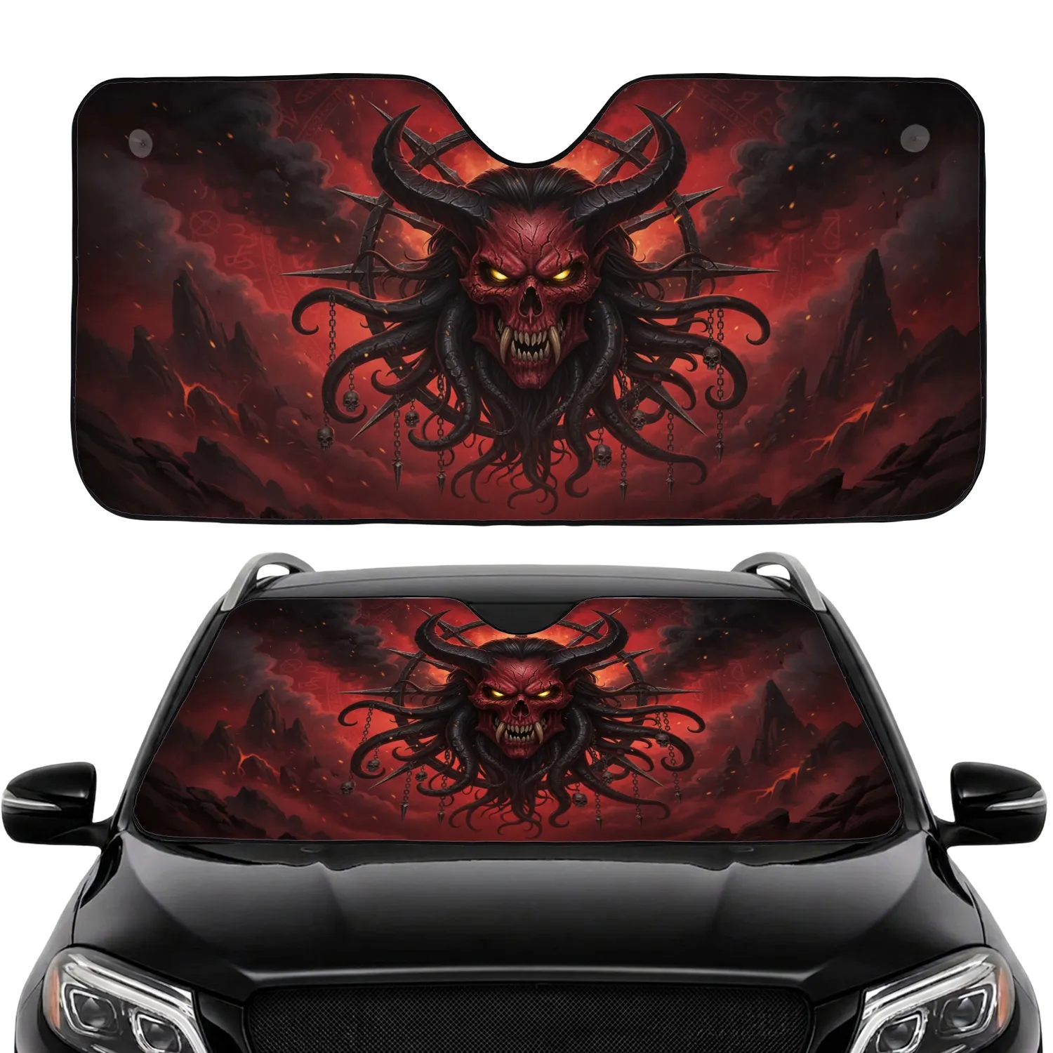 Menacing Demon Skull Chaos Star - Car Interior Upgrade for Dark Fantasy Fan Car Sunshade - 1