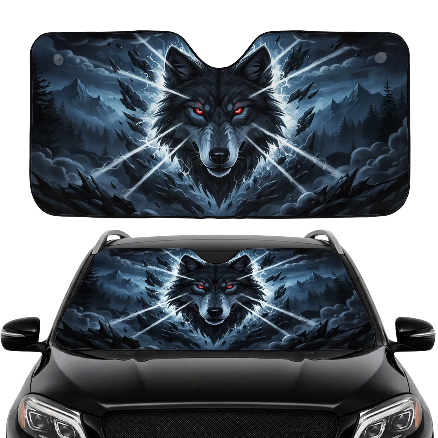 Wolf Head Nocturnal Mountain Forest Dark Mist Landscape - Road Trip Essential Car Sunshade - 1