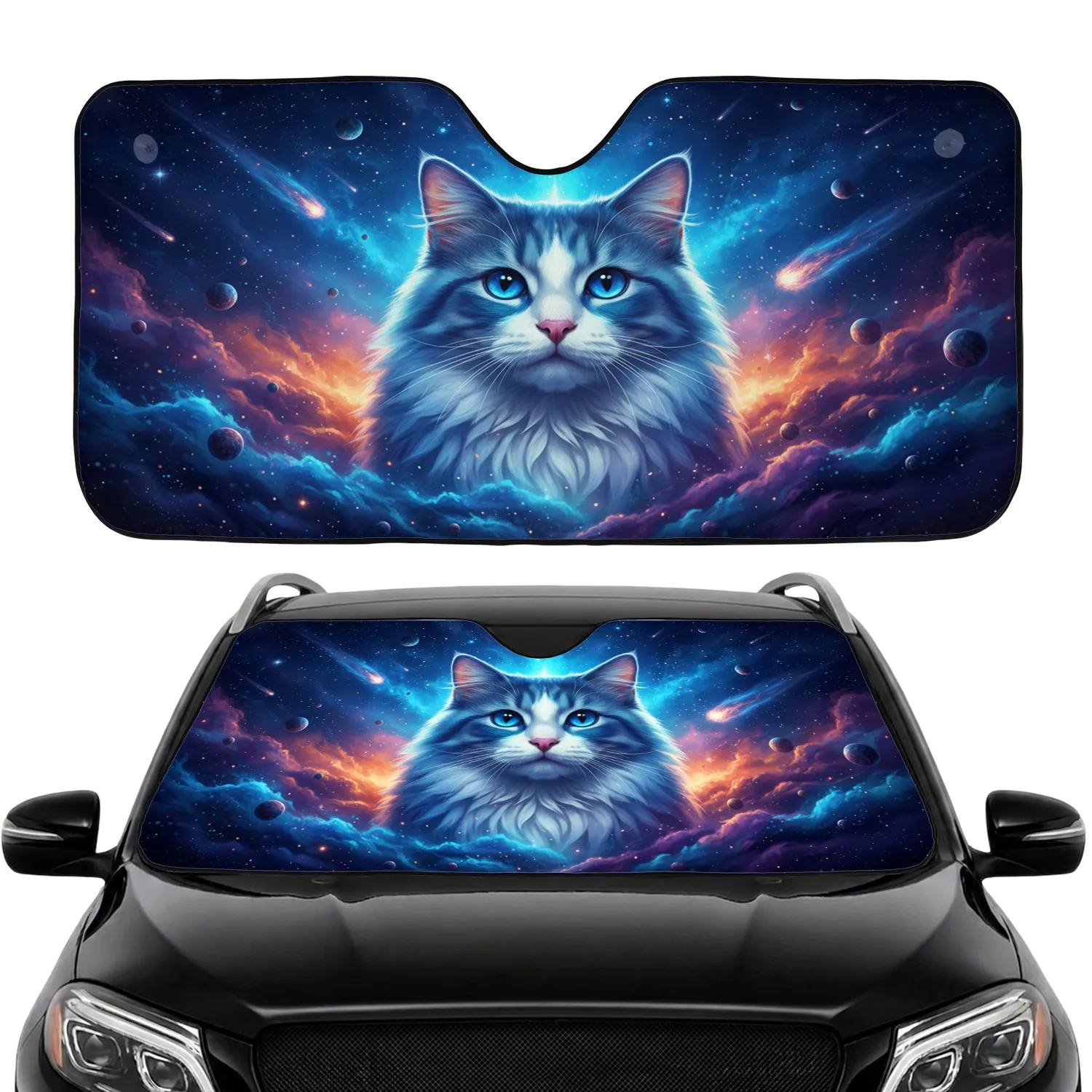 Fluffy Blue White Cat Cosmic Galaxy Space - Car Interior Upgrade for Cat Lover Car Sunshade - 1