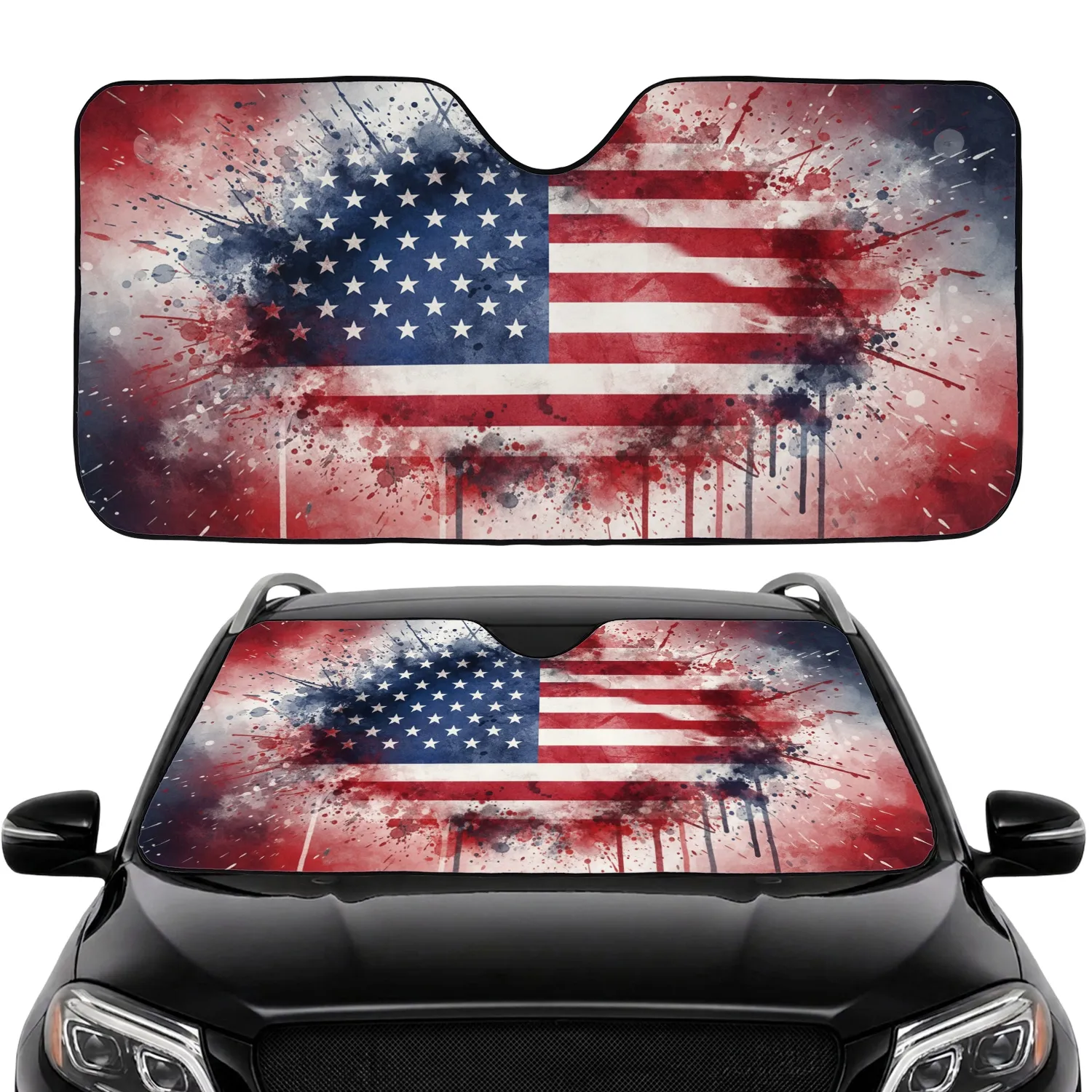 Abstract Watercolor American Flag Paint Splatter - Road Trip Essential for Patriot Drivers Car Sunshade - 1