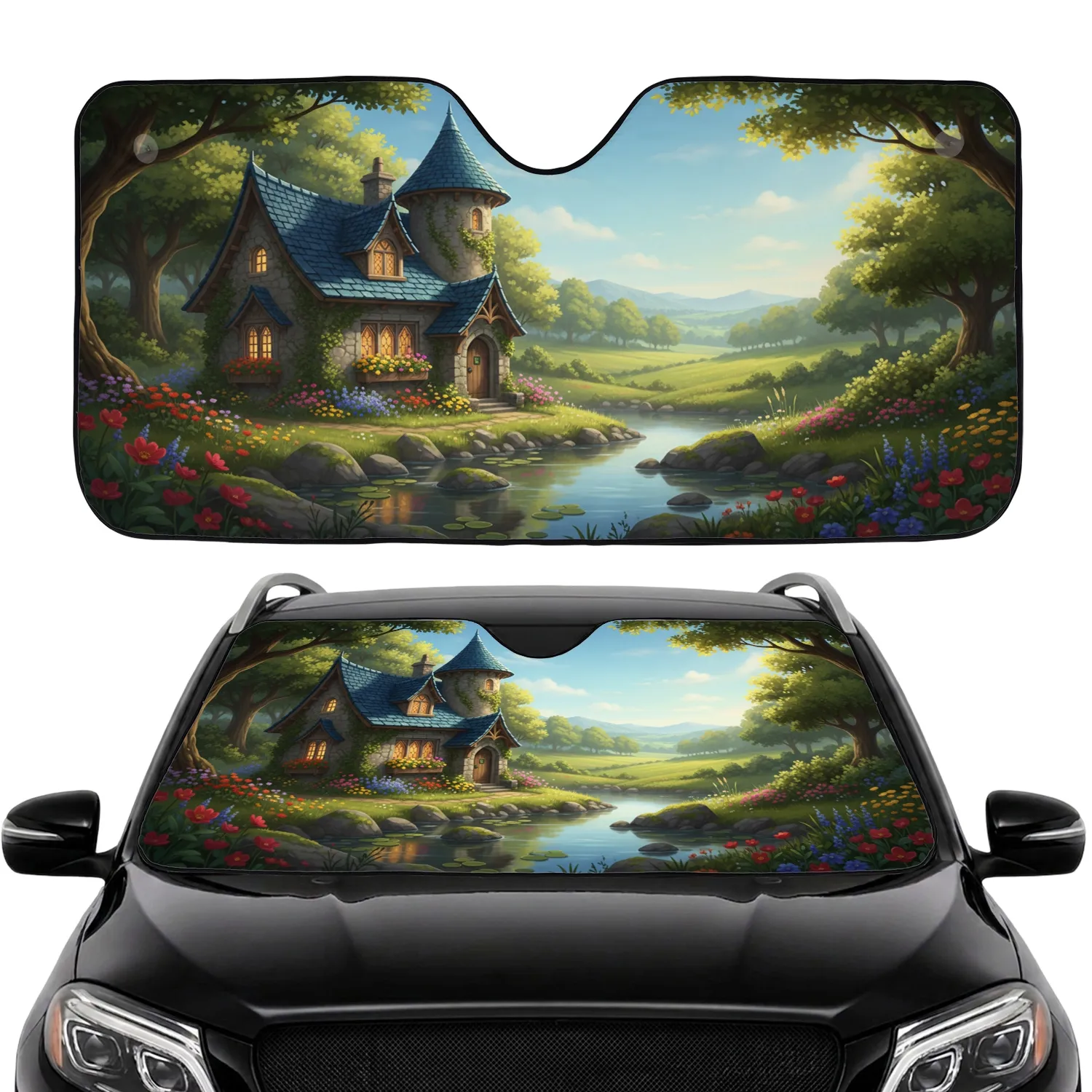 Idyllic Fairytale Stone Cottage Pond Wildflower Scene - Car Interior Upgrade Car Sunshade - 1