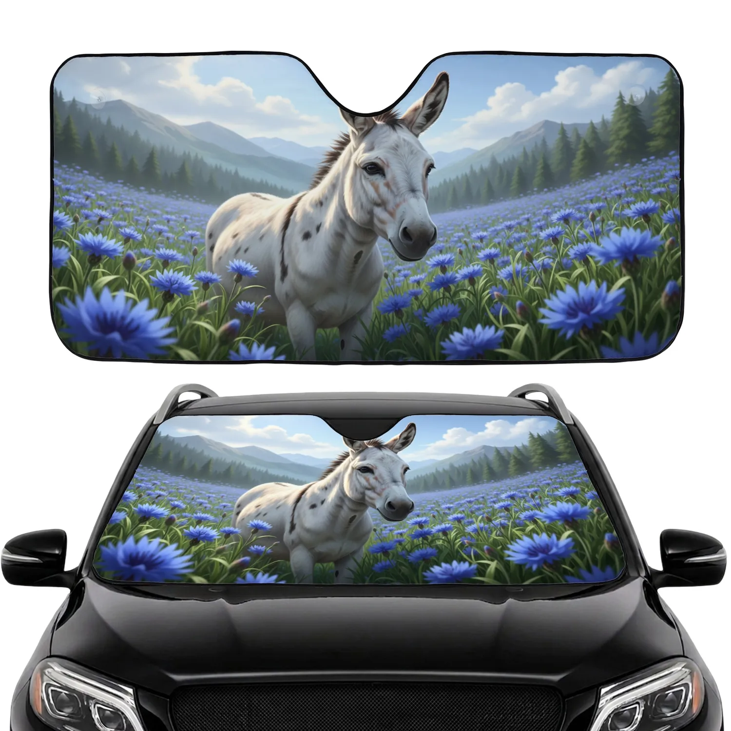 Majestic White Donkey Blue Flower Meadow - Car Interior Upgrade for Donkey Lovers Car Sunshade - 1