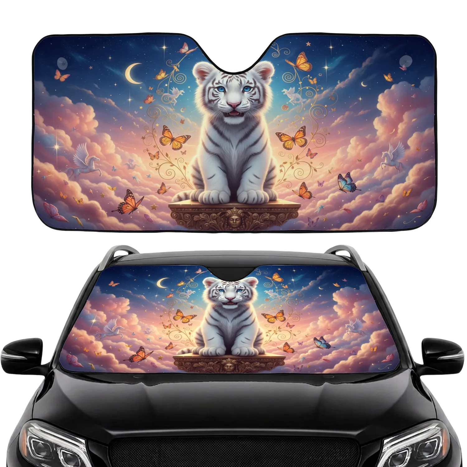White Tiger Cub Sapphire Eyes Golden Filigree Celestial Car Interior Upgrade Car Sunshade - 1