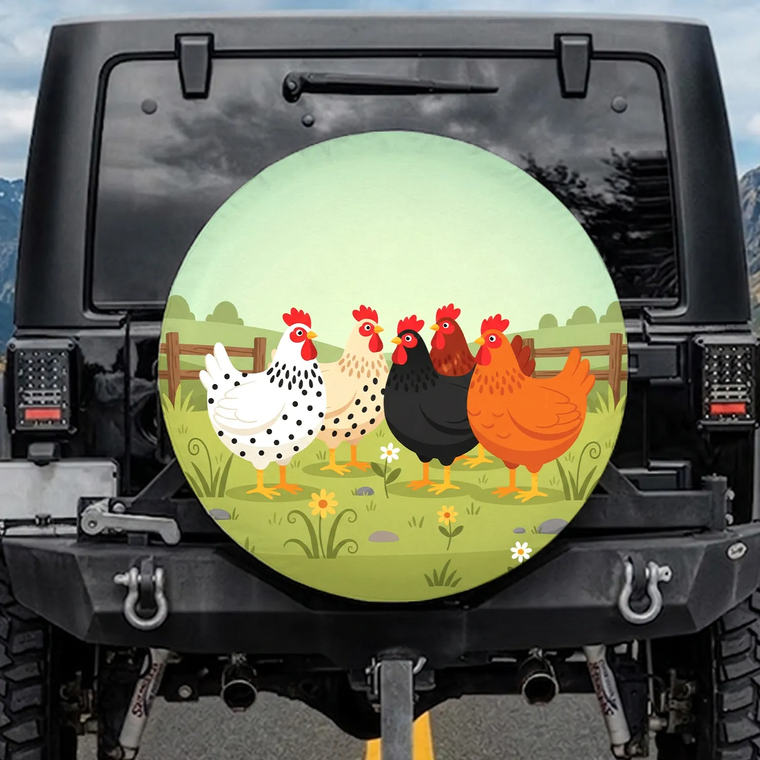 Five Plump Chickens Pastoral Hills - Farmhouse Decor Chicken Lover Gift Spare Tire Cover - 1