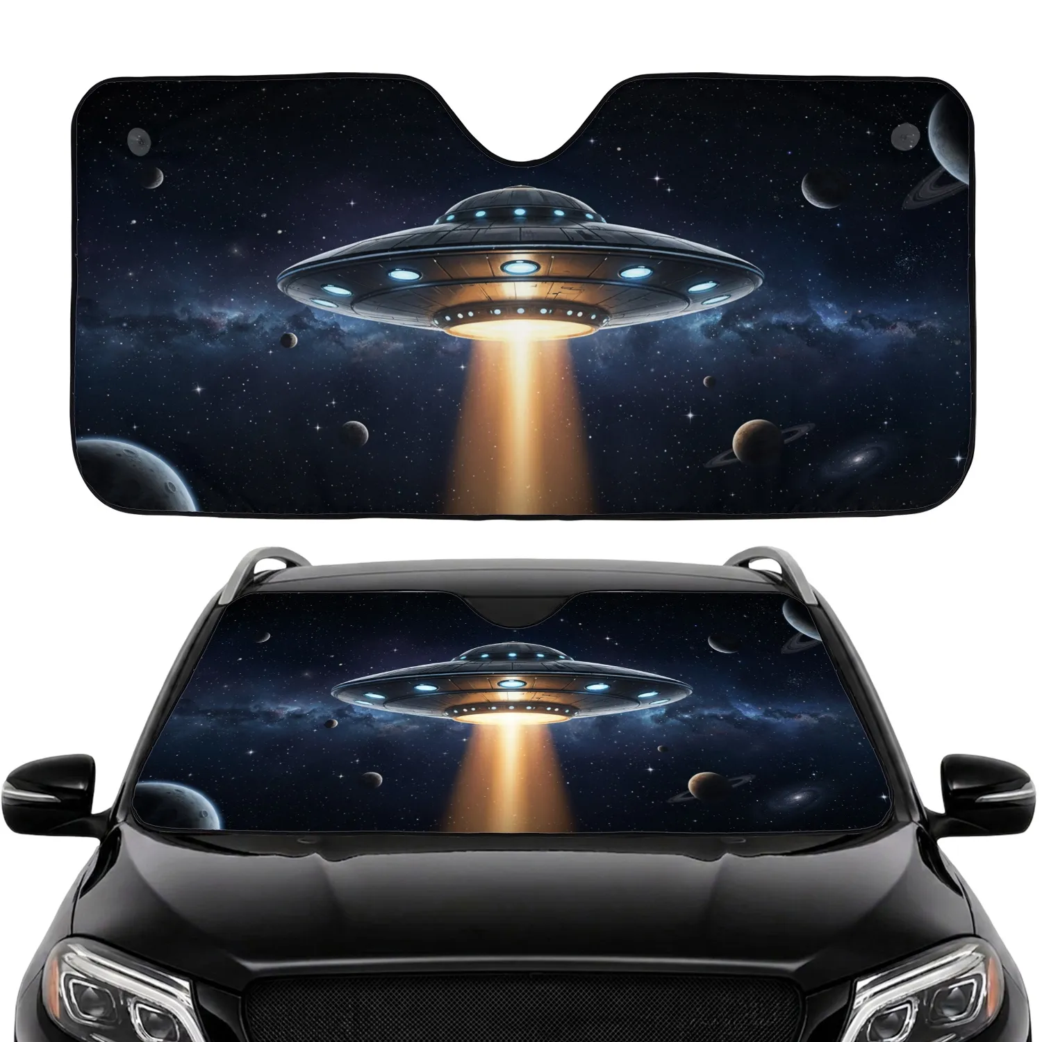 Retro Flying Saucer Abduction Beam Celestial Stars - Road Trip Gift Car Sunshade - 1