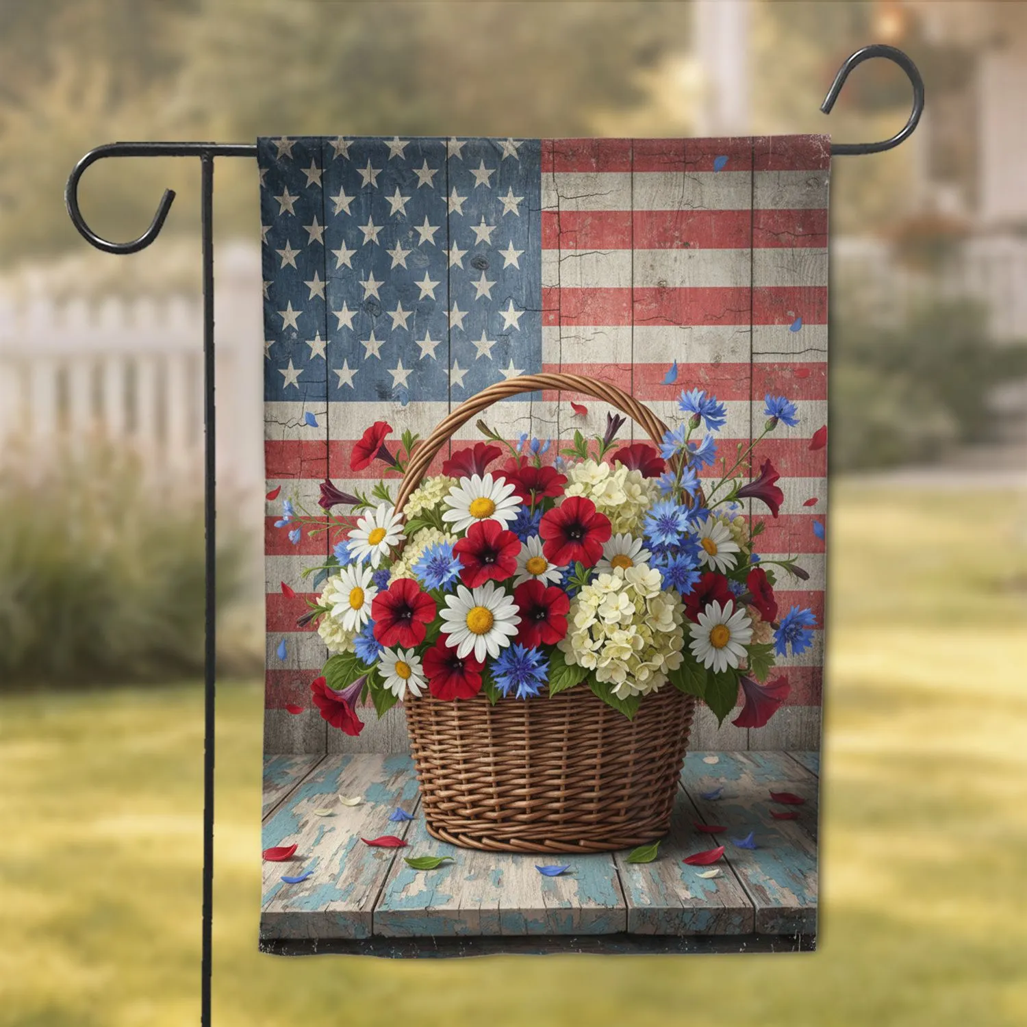 Rustic Wicker Petunia Daisy Basket American Flag Patriotic Home Decor Garden Flag - 1