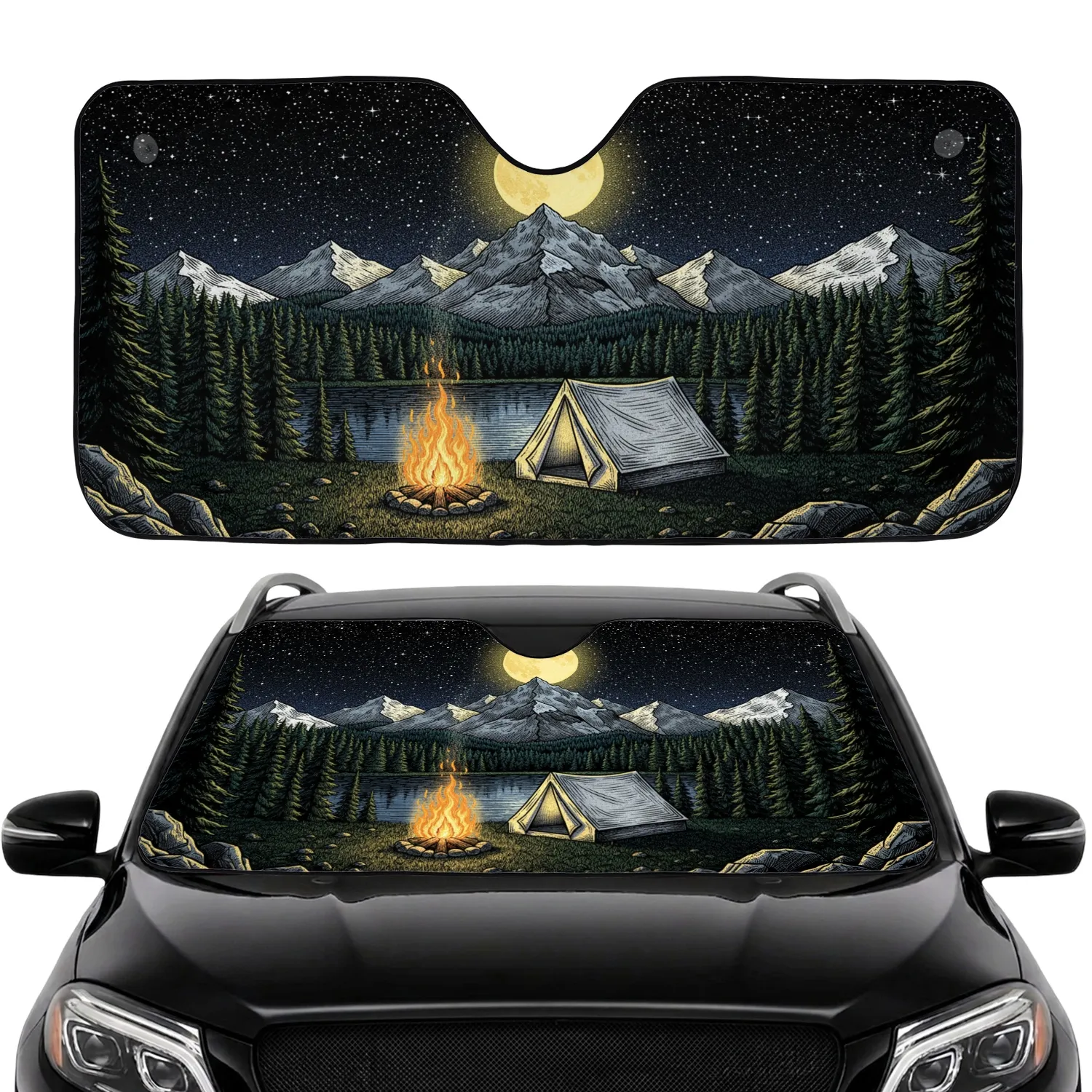 Night Wilderness Campfire Tent Scene - Travel Essentials for Outdoor Explorer Car Sunshade - 1