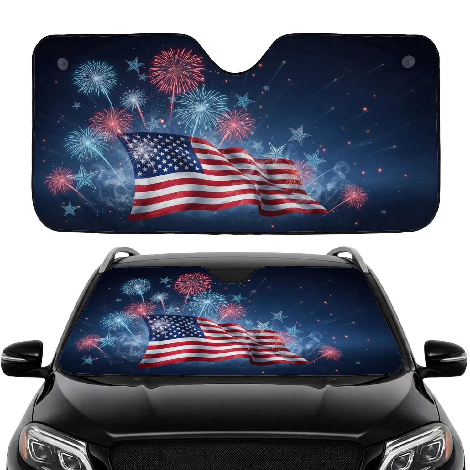 Waving American Flag Firework Starbursts - Independence Day Road Trip Accessory Car Sunshade - 1
