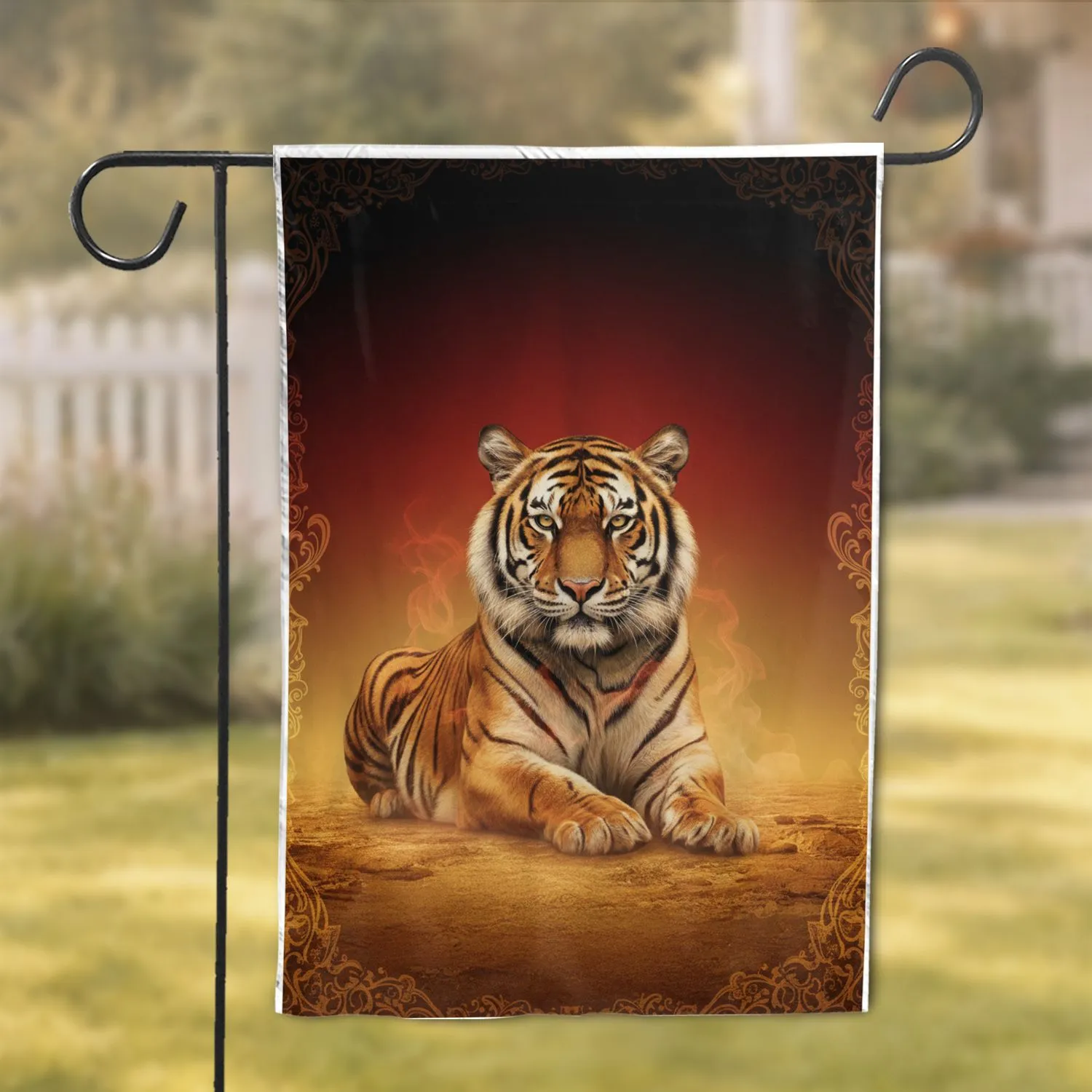 Regal Bengal Tiger Golden Terrain Crimson Sky - Wildlife Lover Home Decor Gift Garden Flag - 1