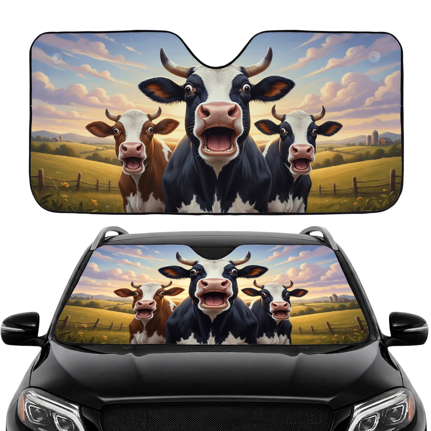 Surprised Farm Cows with Expressive Faces Rural Landscape - Road Trip Accessory for Cow Lover Car Sunshade - 1