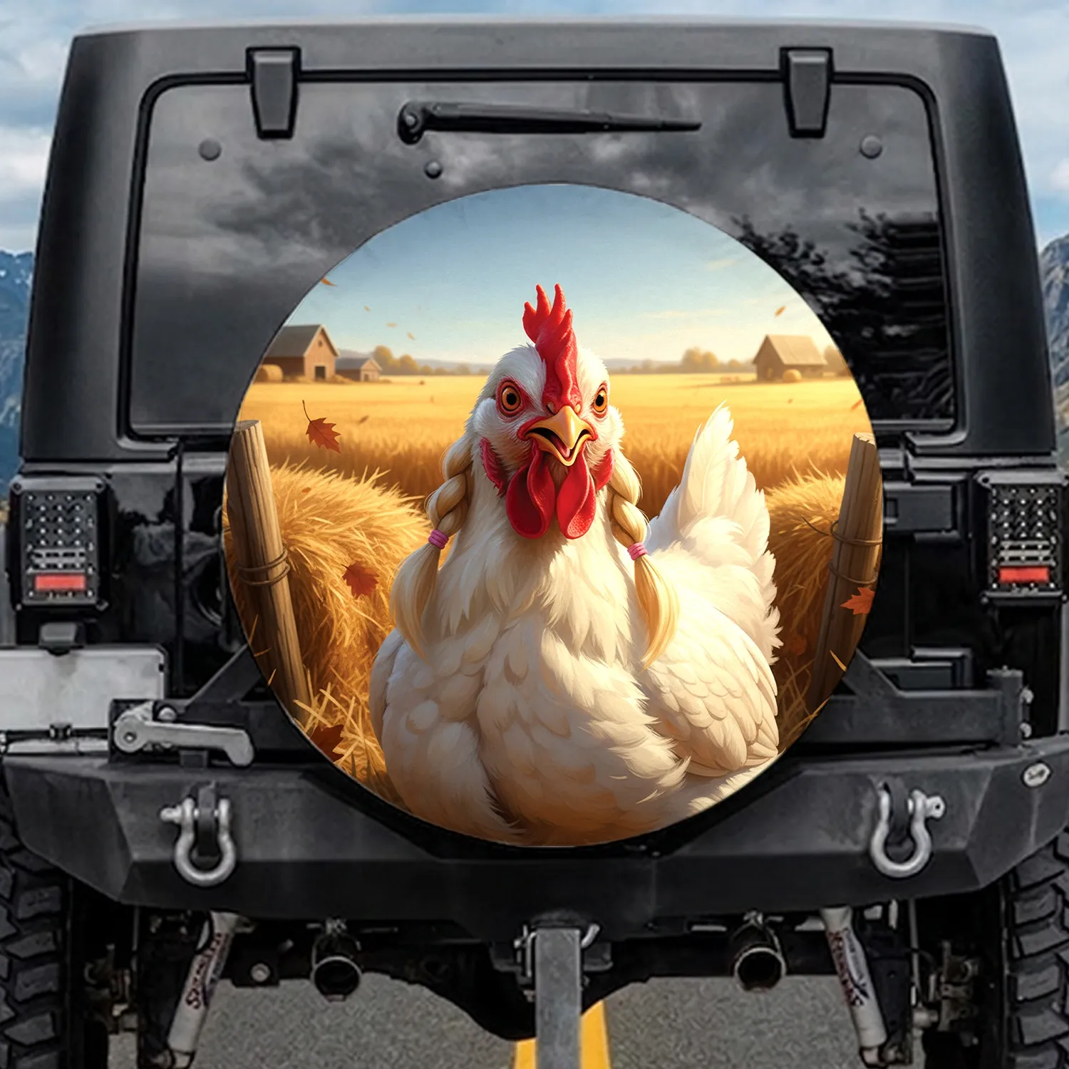 Fluffy White Hen Blonde Pigtails Red Comb Golden Wheat Field Farmhouse Decor Gift Spare Tire Cover - 1