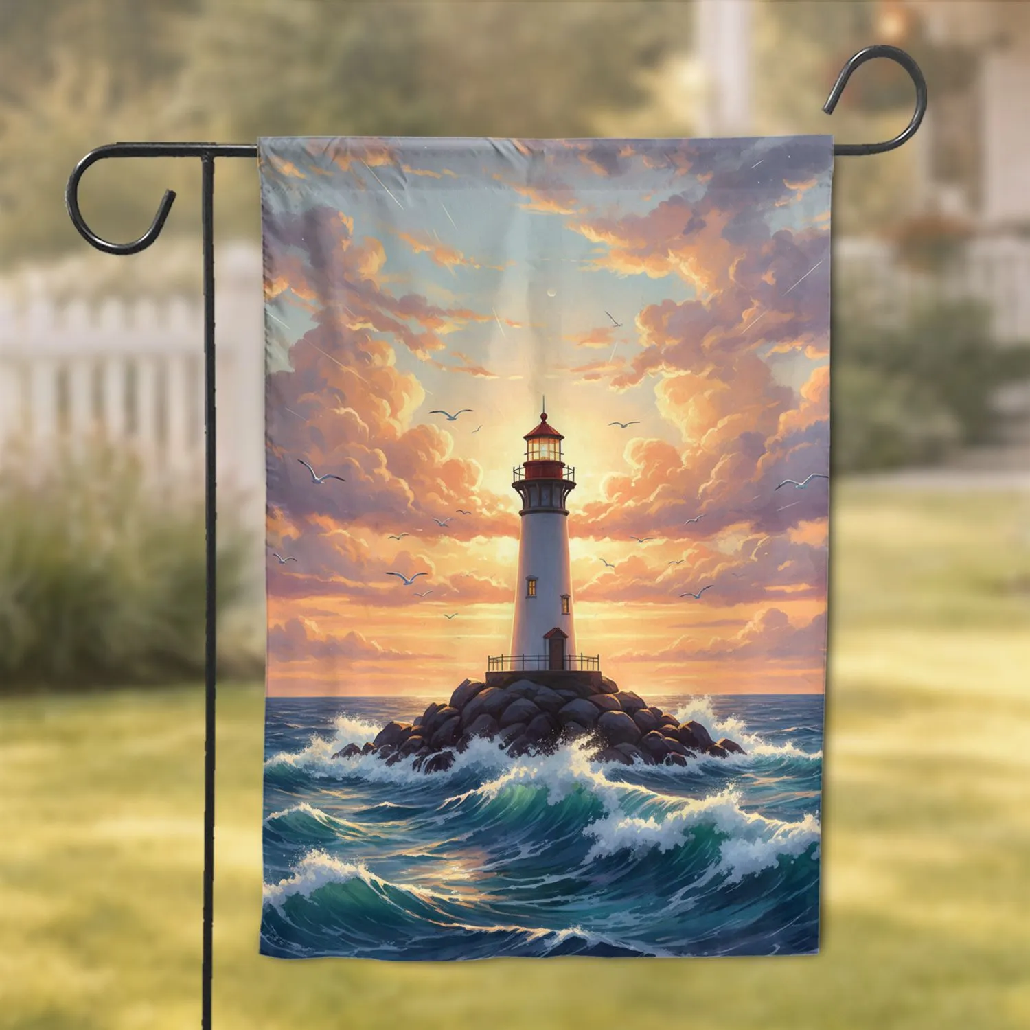 Lighthouse Rocky Ocean Waves Sunset - Coastal Home Decor Gift Garden Flag - 1