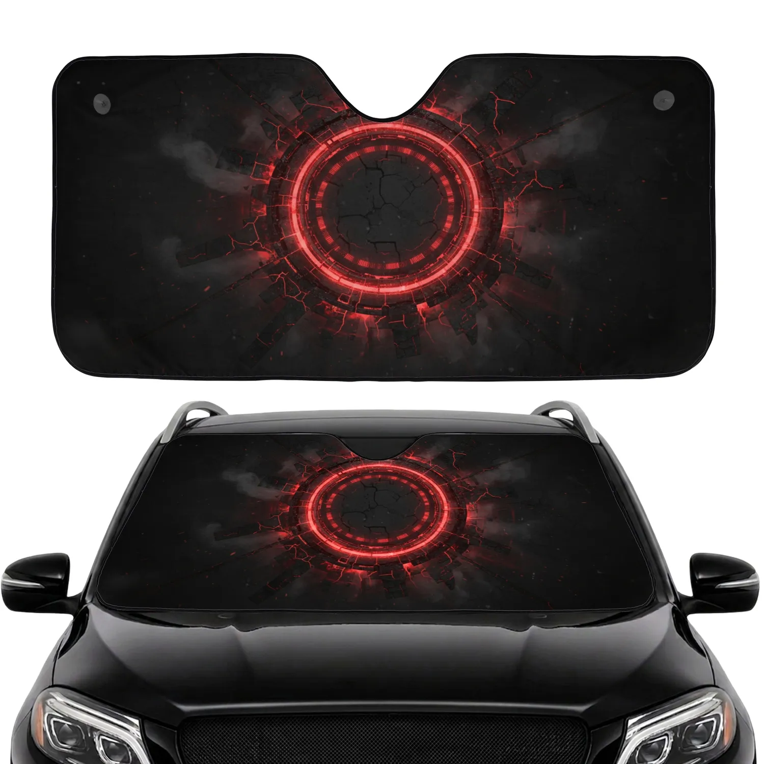 Cracked Dark Metallic Ring Glowing Red Energy Car Interior Upgrade Car Sunshade - 1