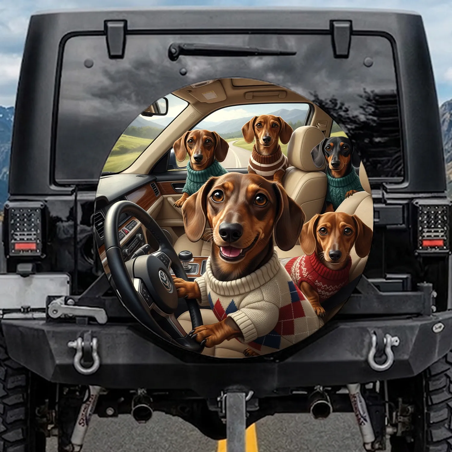 Five Dachshund Dogs in Knitted Sweaters Driving Car Interior - Open Road Travel Adventure Gift for Dog Lovers Spare Tire Cover - 1
