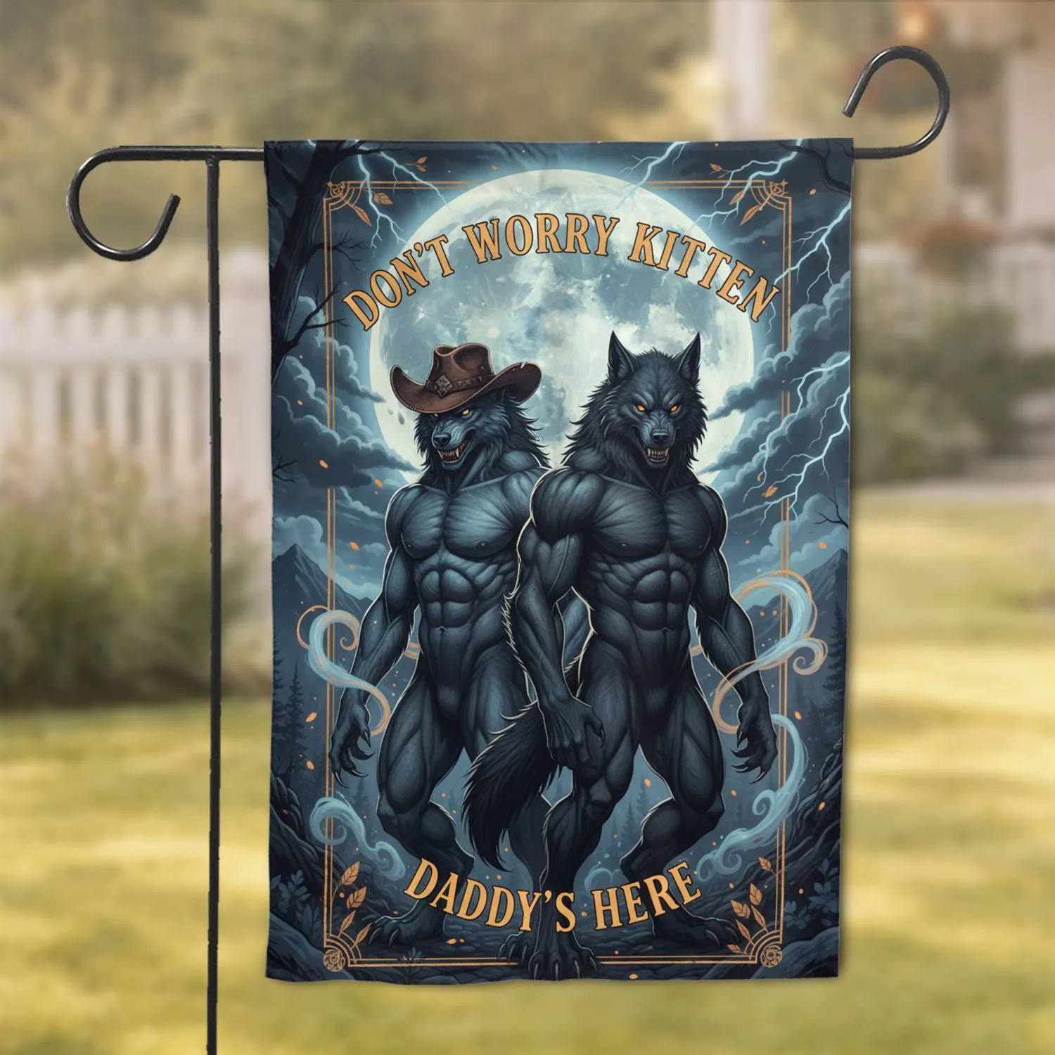 Werewolves Cowboy Hat Full Moon - Gothic Fantasy Home Decor Gift Garden Flag - 1