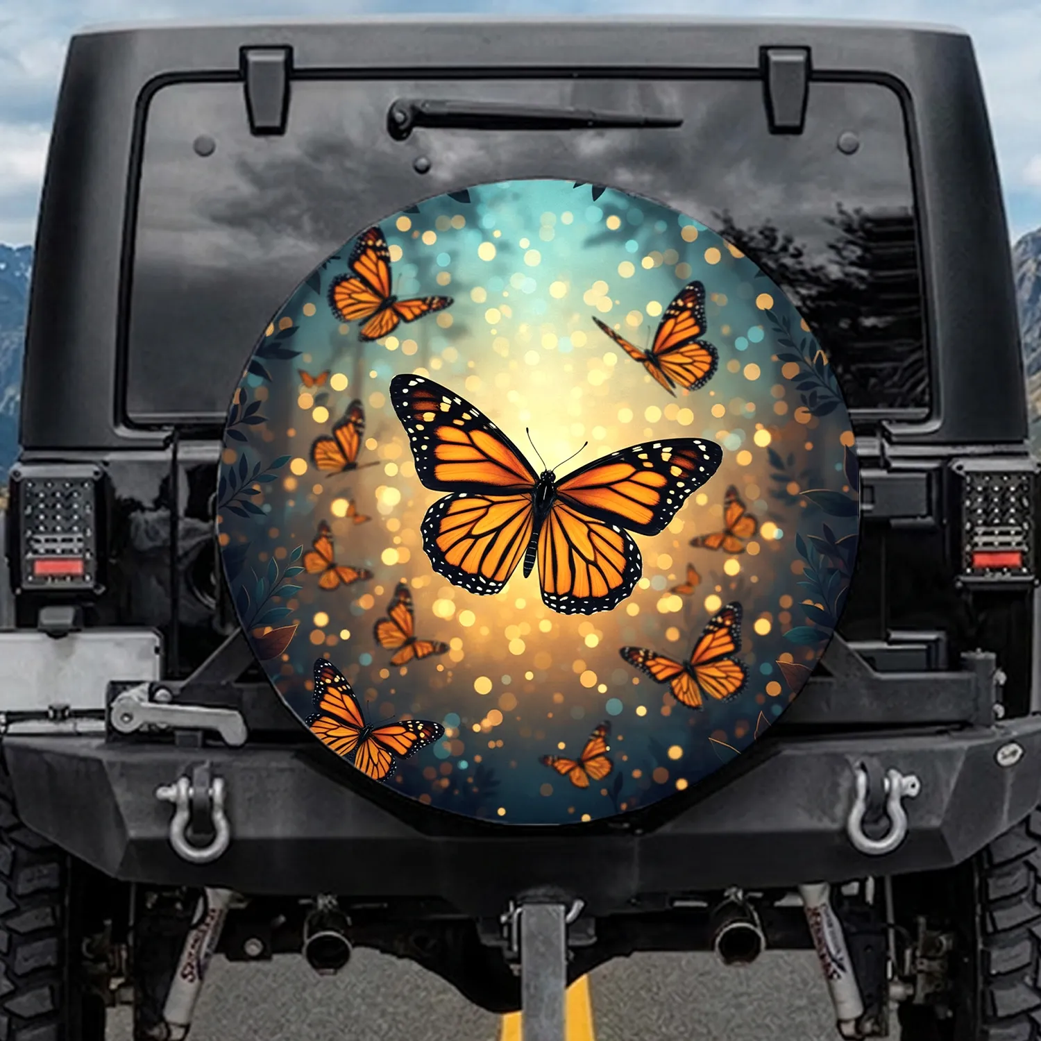 Amber Orange Monarch Butterflies Twilight Garden - Wildlife Lover Gift Spare Tire Cover - 1