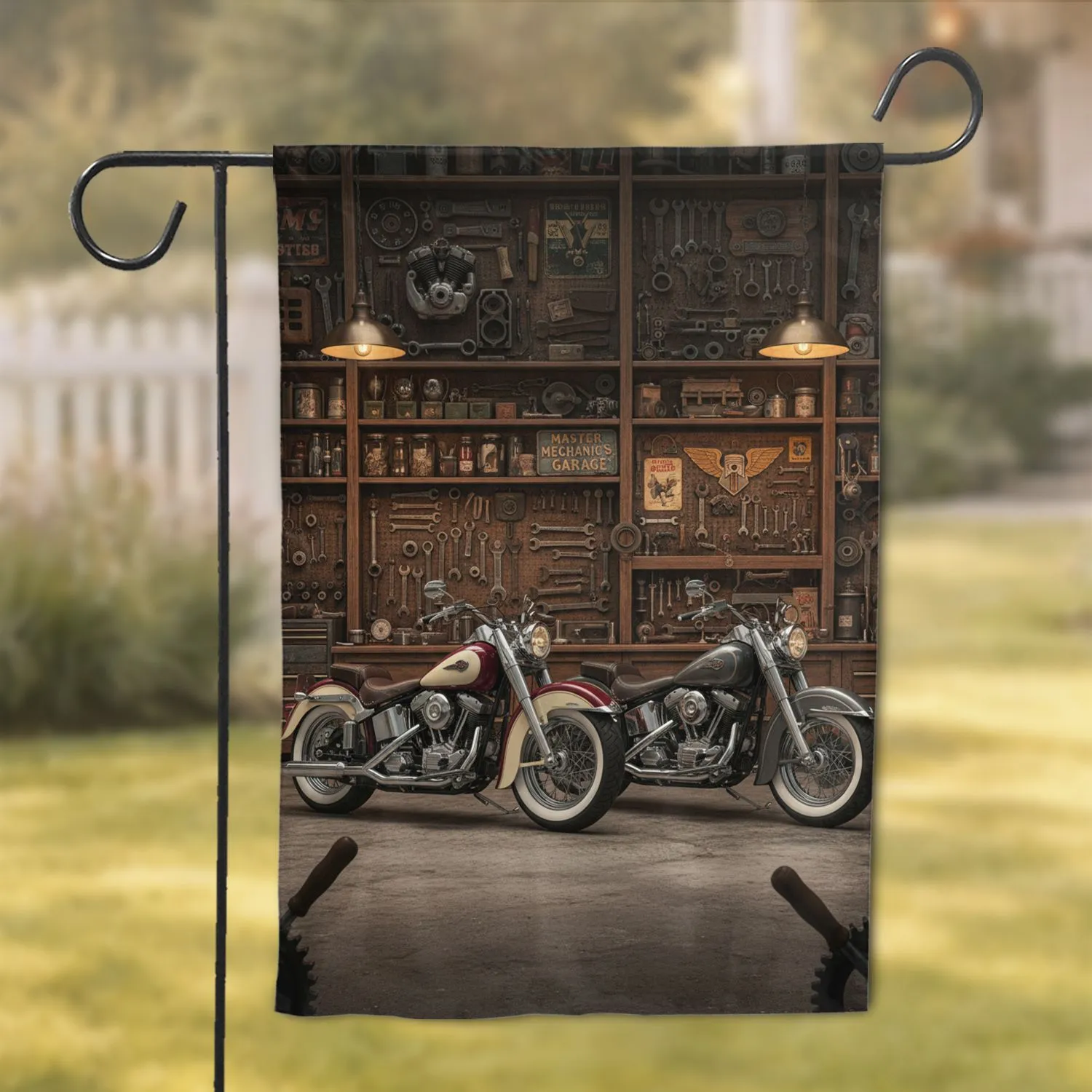 Vintage Cruiser Motorcycles Mechanic Garage - Man Cave Decor Gift for Motorcycle Lover Garden Flag - 1
