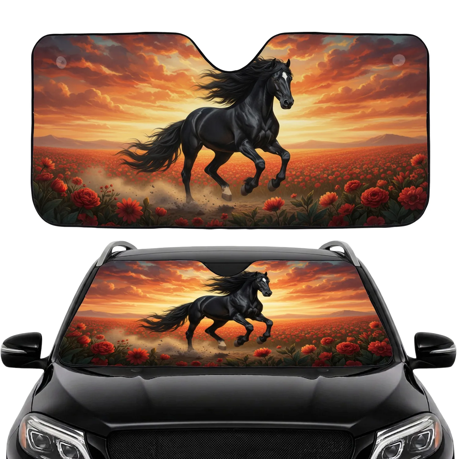 Black Friesian Horse Gallop Sunset – Flowing Mane Tail, Red Orange Blossoms Car Interior Upgrade Car Sunshade - 1