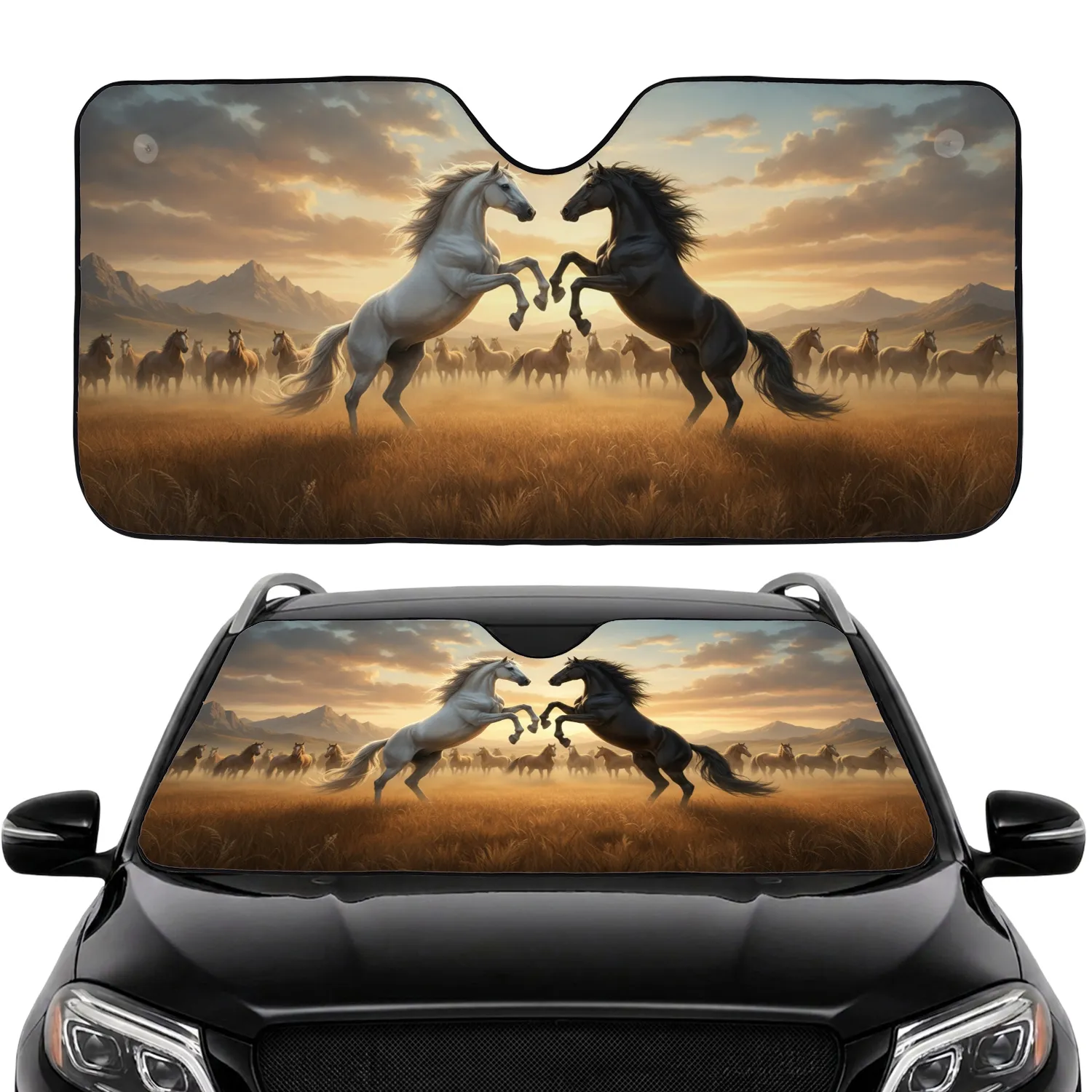 White Black Horses Rearing Field Mountains - Car Interior Upgrade Car Sunshade - 1