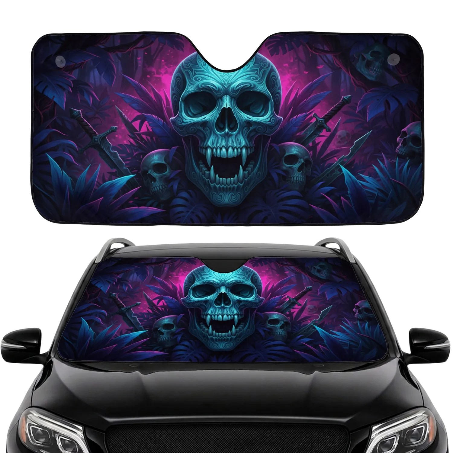 Open Jaw Skull Exotic Jungle Foliage Bone Fragments Ancient Blades Car Interior Upgrade Car Sunshade - 1