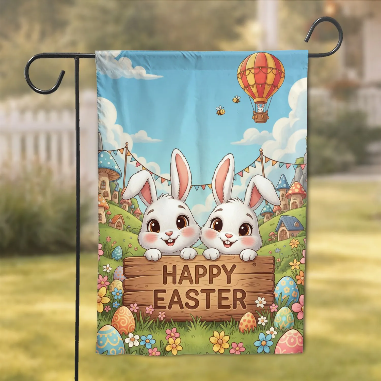Fluffy Easter Bunnies Happy Easter Sign Spring Village - Easter Holiday Decor Garden Flag - 1