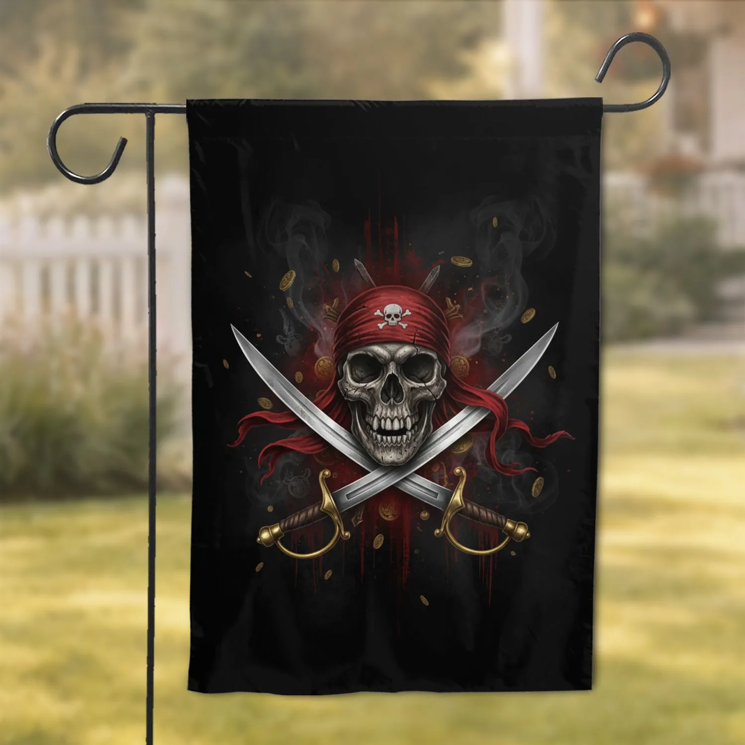 Grinning Skull Crossed Cutlass Swords - Pirate Lover Home Decor Gift Garden Flag - 1