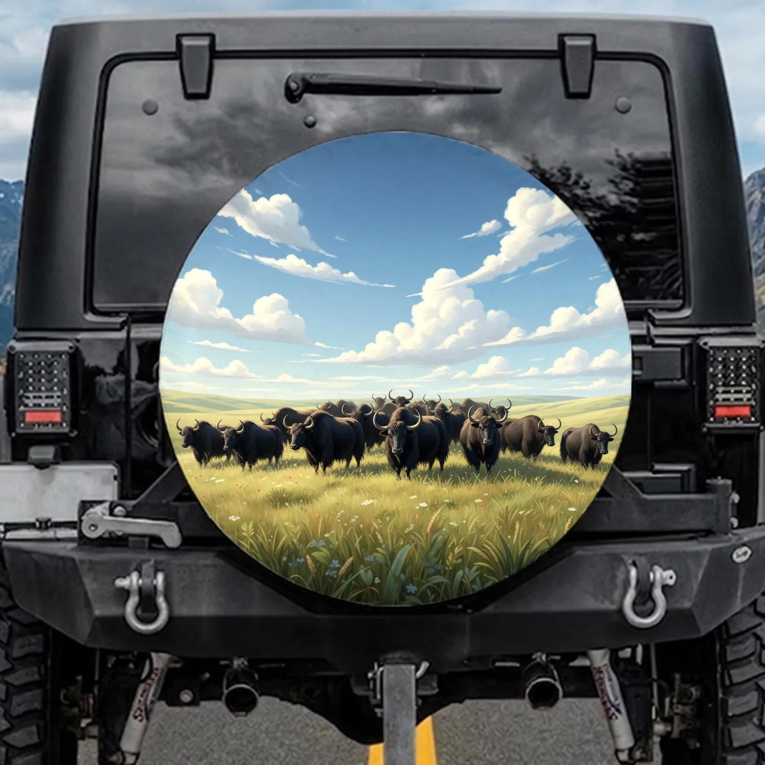 Black Yak Herd Grassy Hill Blue Sky Landscape - Wildlife Lover Gift Spare Tire Cover - 1