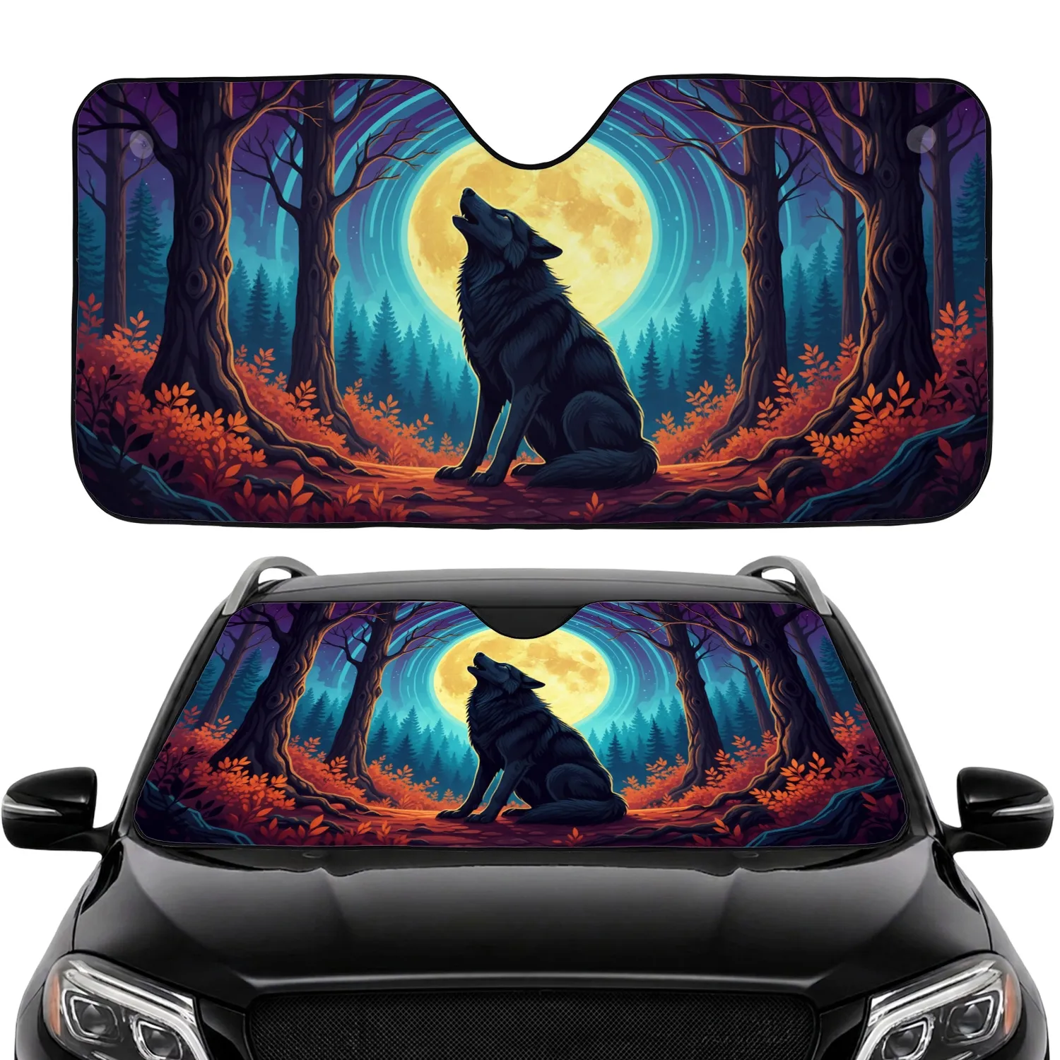 Black Wolf Howling Yellow Full Moon Gnarled Trees Autumn Night - Car Interior Upgrade Car Sunshade - 1