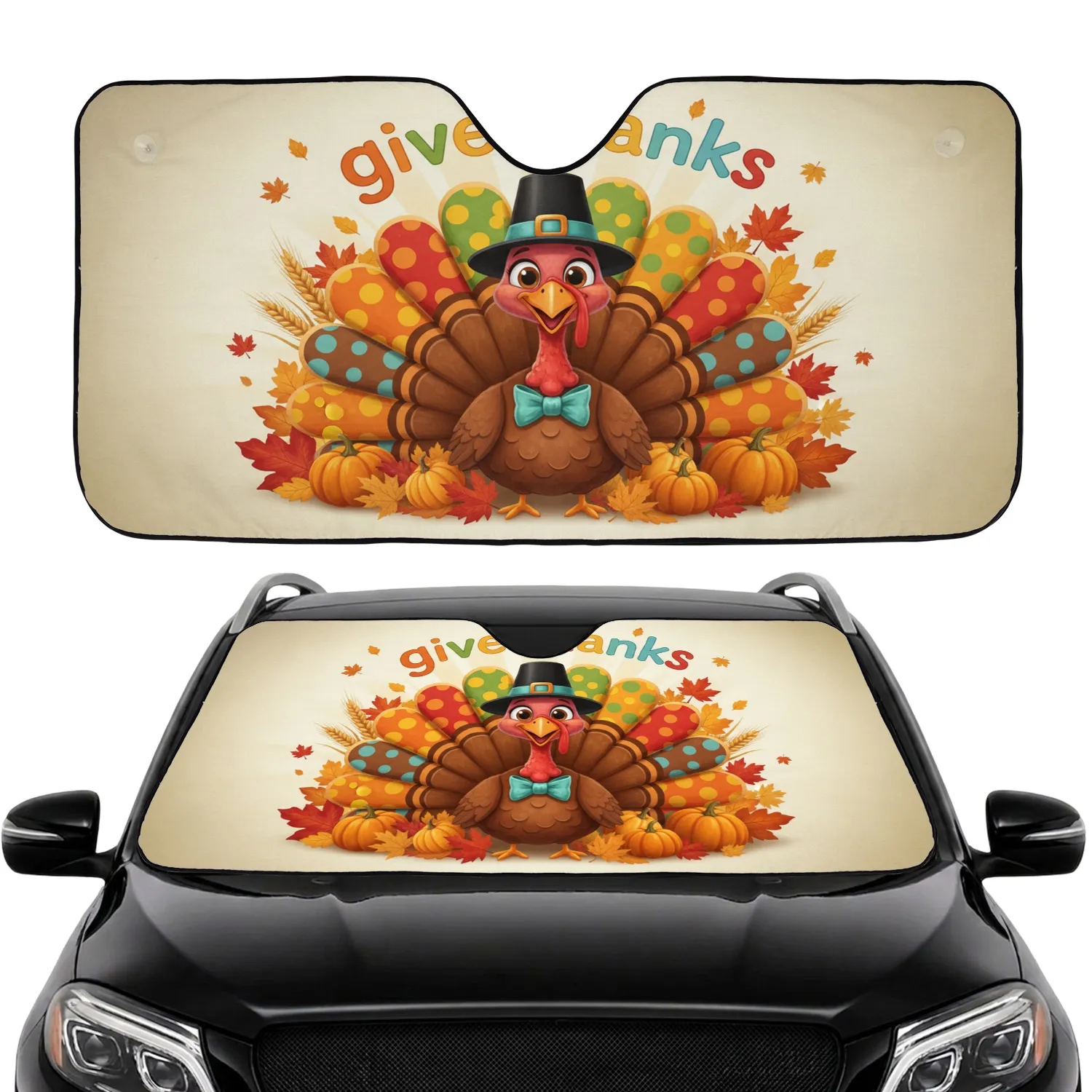 Cheerful Cartoon Turkey Pilgrim Hat Give Thanks - Thanksgiving Road Trip Gift Car Sunshade - 1