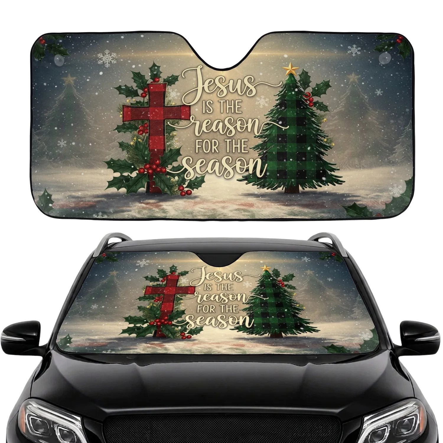 Jesus Reason Christmas Quote Cross Tree - Holiday Travel Accessory Car Sunshade - 1