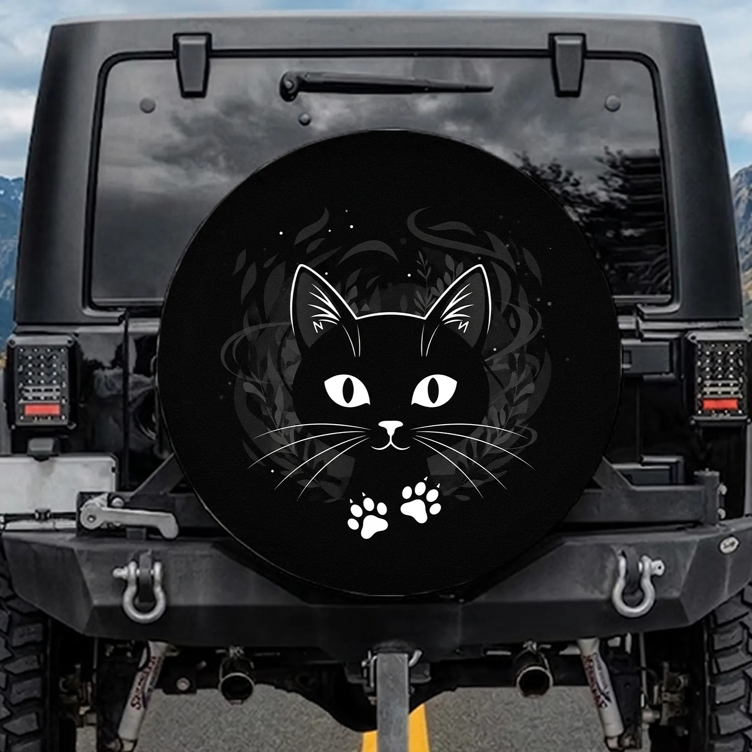 Black Cat White Eyes Paw Prints - Cat Lover Car Accessory Gift Spare Tire Cover - 1