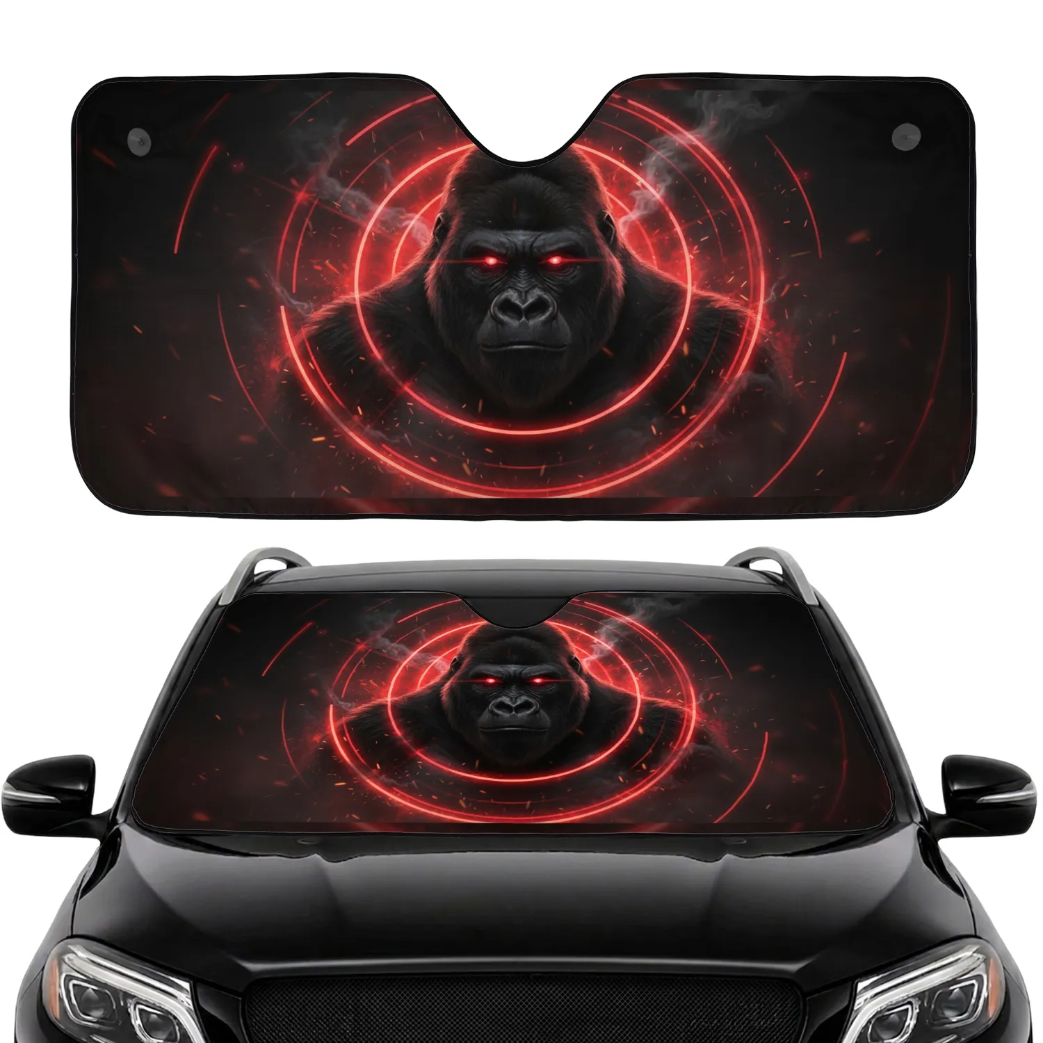 Intense Stare Gorilla Head Glowing Red Eyes Fiery Particles - Road Trip Gift Car Sunshade - 1