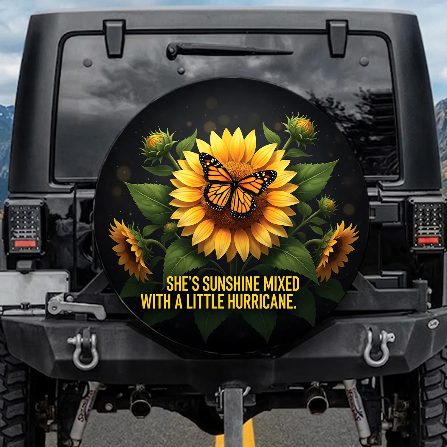 Majestic Monarch Butterfly Sunflower Sunshine Hurricane Quote - Nature Lover Gift for Her Spare Tire Cover - 1
