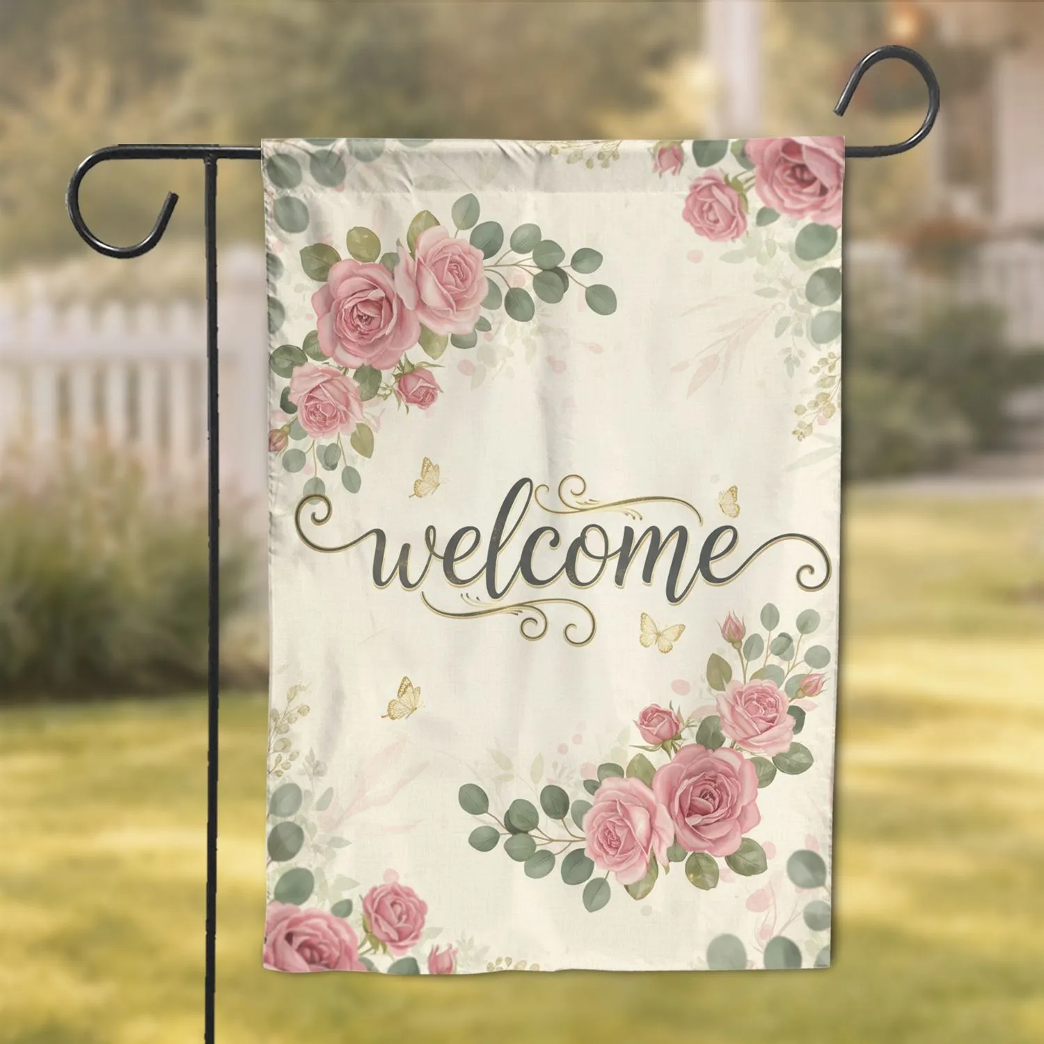 Welcome Text Botanical Roses Eucalyptus Golden Butterflies - Home Decor Gift Garden Flag - 1