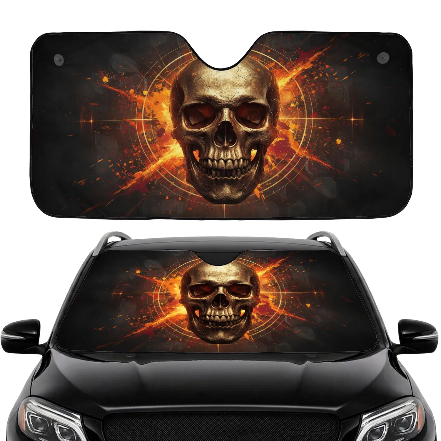 Glowing Molten Skull Fiery Splatter Car Interior Upgrade Car Sunshade - 1
