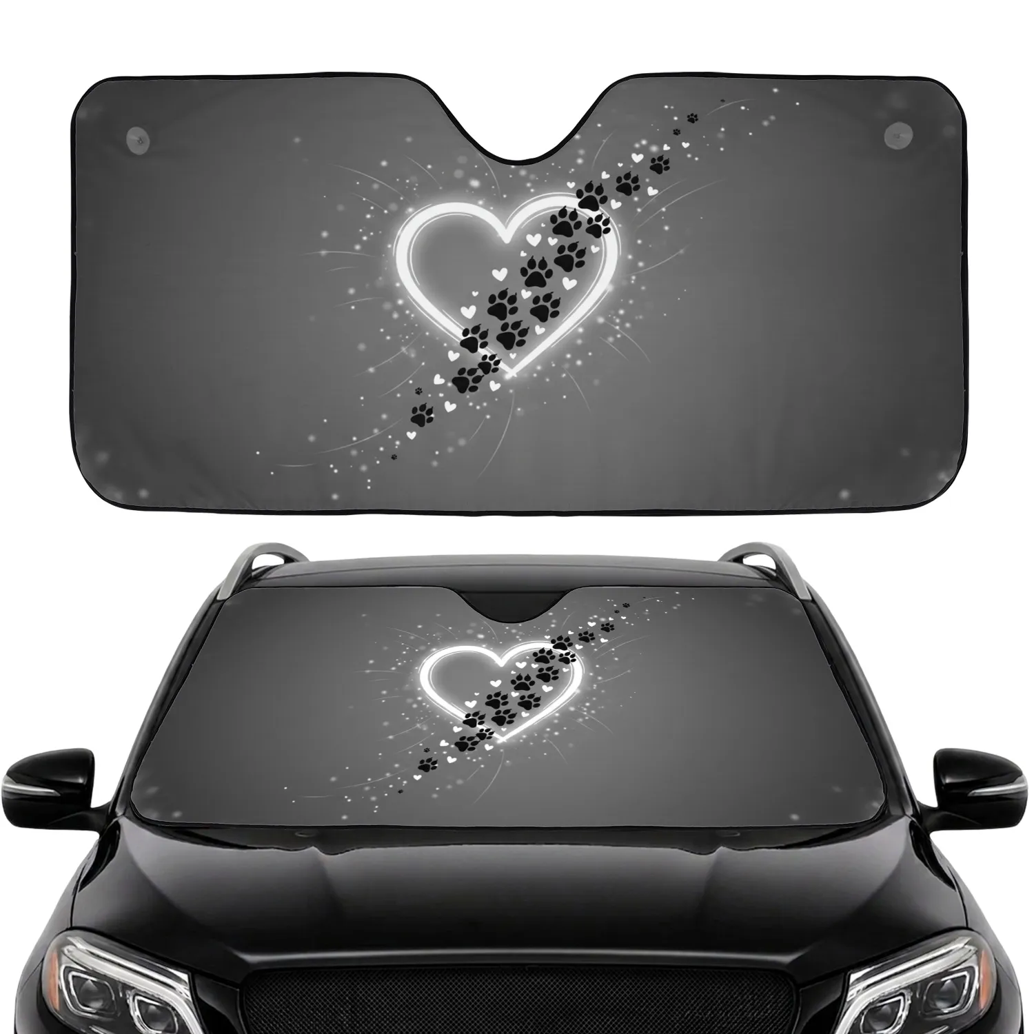 White Heart Black Paw Prints Small Hearts White Dots - Travel Essentials Road Trip Gift Car Sunshade - 1