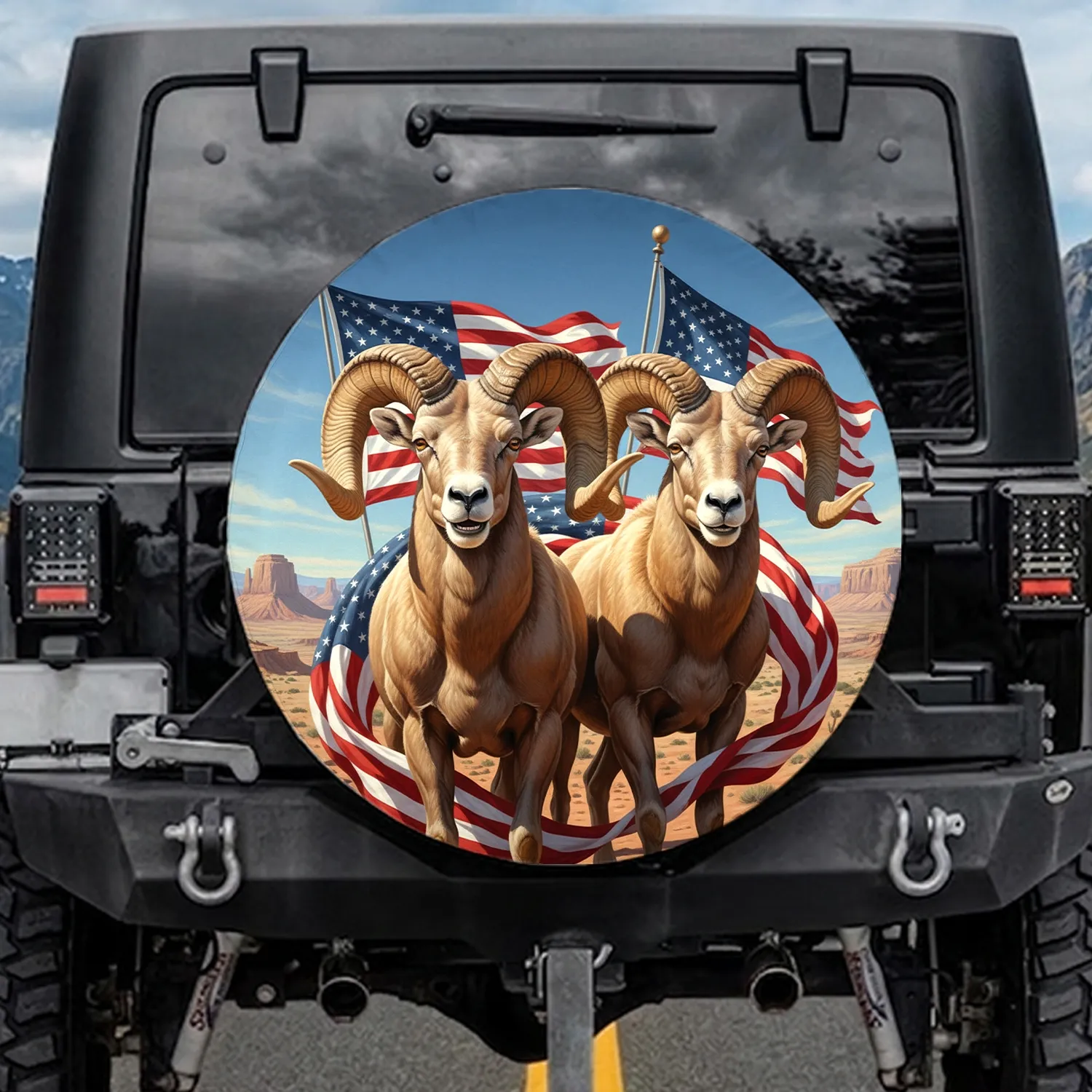 Bighorn Rams American Flag Desert Landscape Patriotic Wildlife Lover Gift Spare Tire Cover - 1