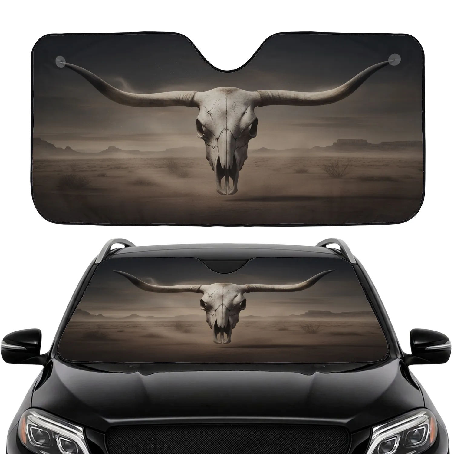 Longhorn Bull Skull Desert Landscape - Car Interior Upgrade for Western Style Lover Car Sunshade - 1