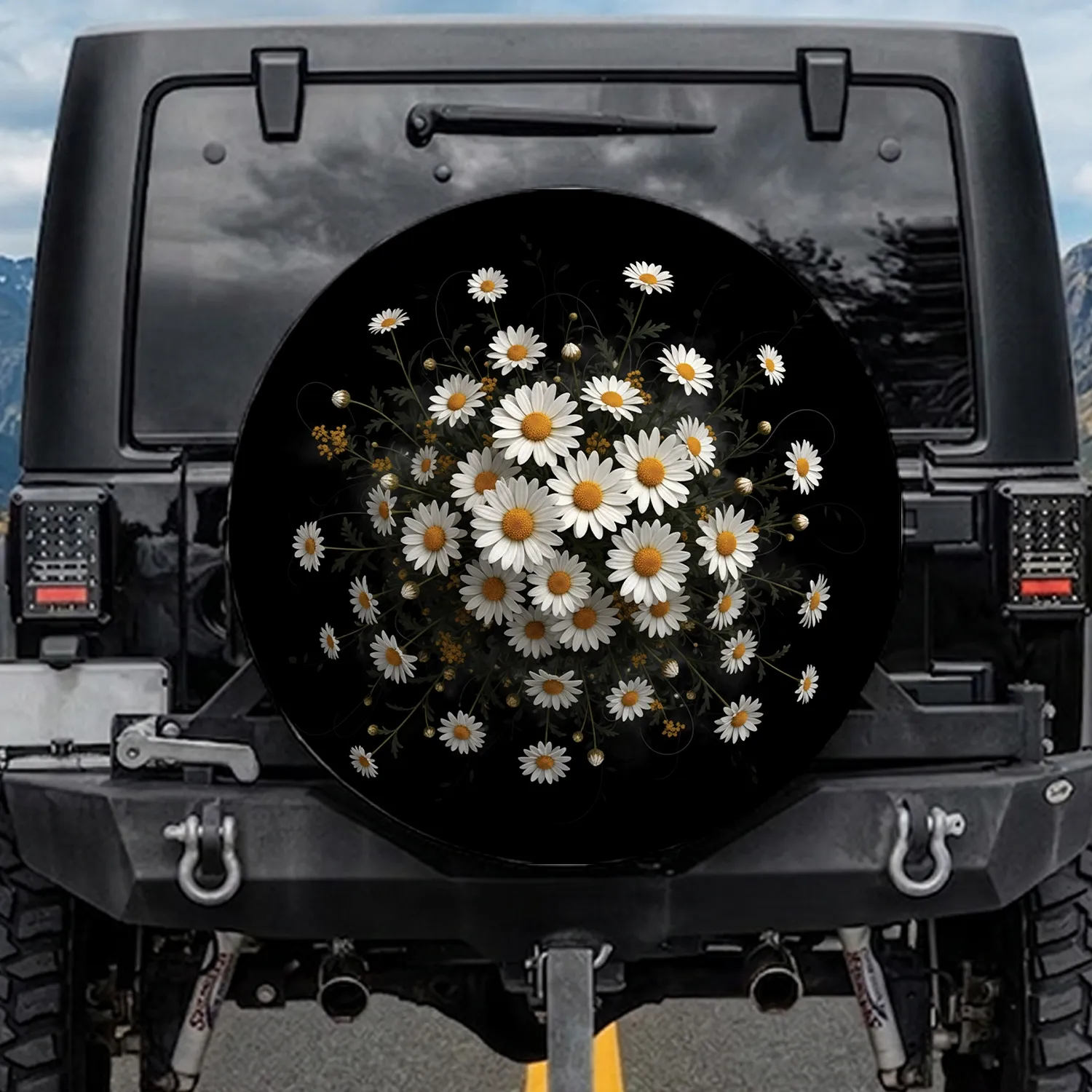 Vibrant Realistic Daisy Bloom Field Dark Botanical Background - Nature Lover Gift Spare Tire Cover - 1
