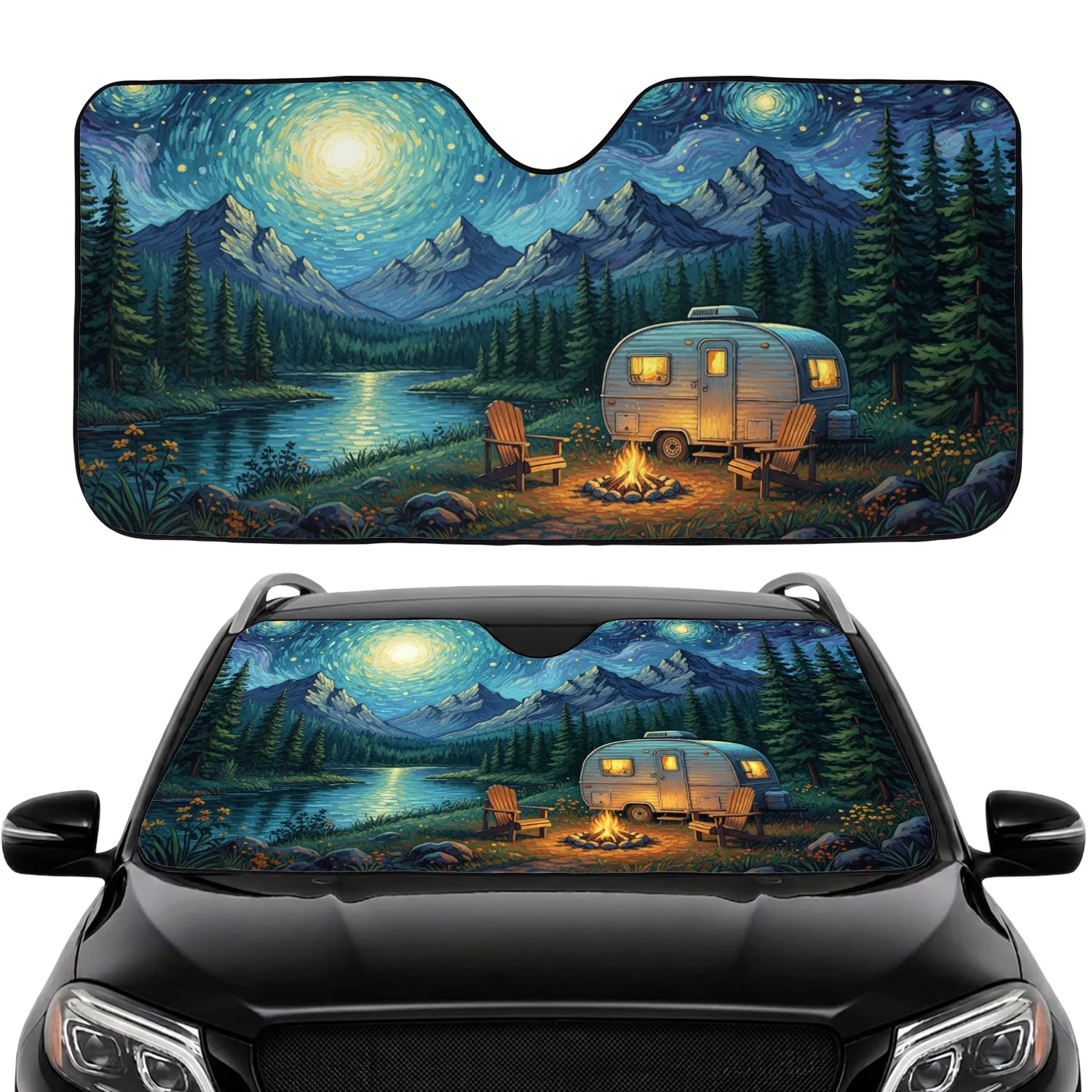 Vintage Travel Trailer Campfire Pine Forest Mountain Night Sky Road Trip Gift Car Sunshade - 1