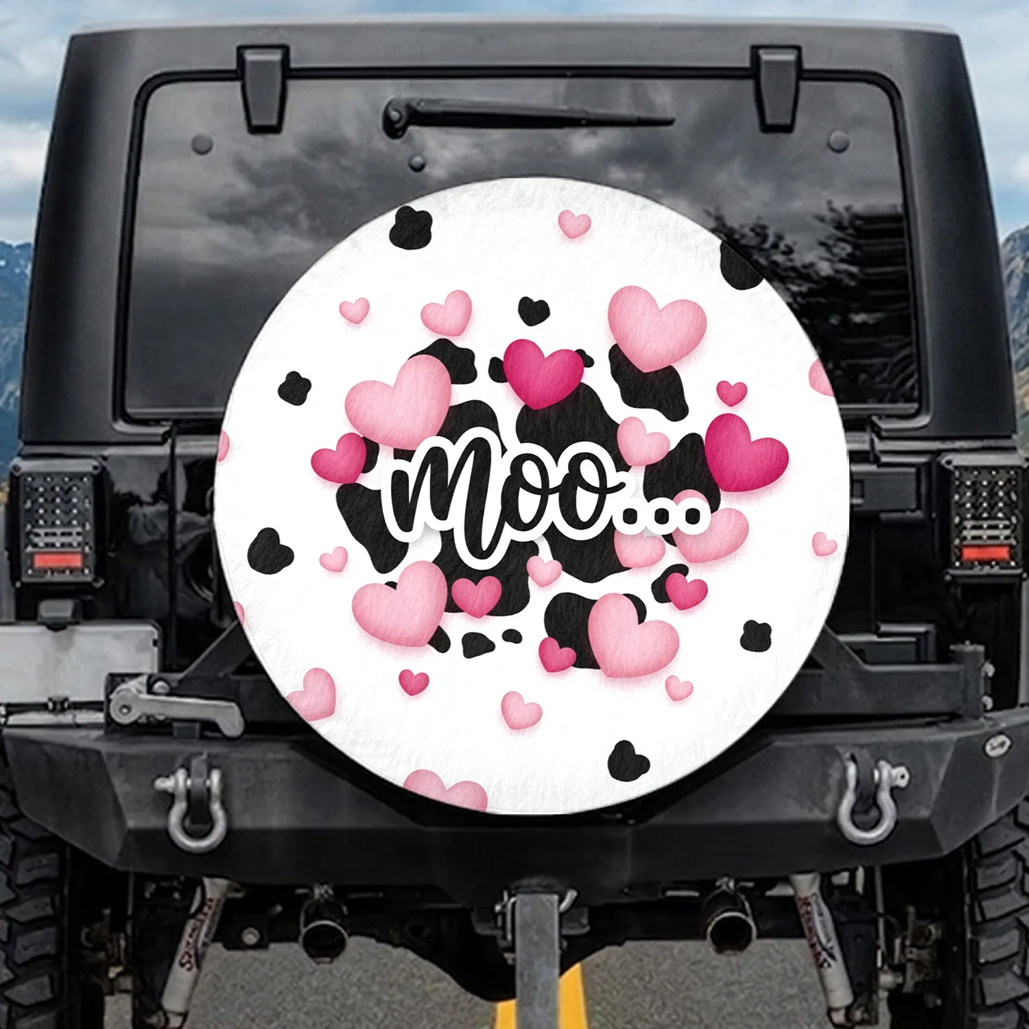 Black Cowhide Pink Hearts 'Moo...' White Fur Background - Farmhouse Decor Gift for Cow Lover Spare Tire Cover - 1