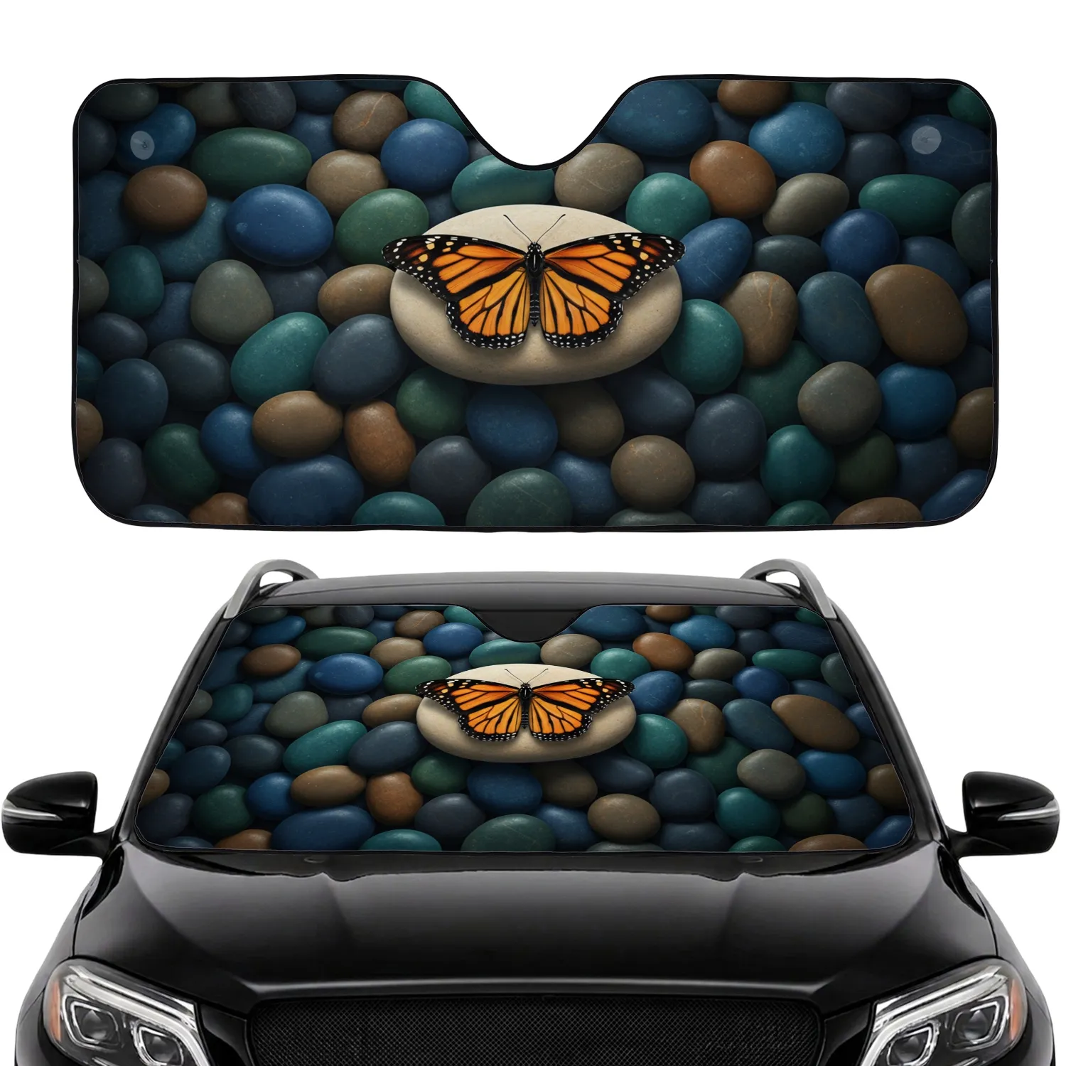 Monarch Butterfly River Stones Car Interior Upgrade Car Sunshade - 1