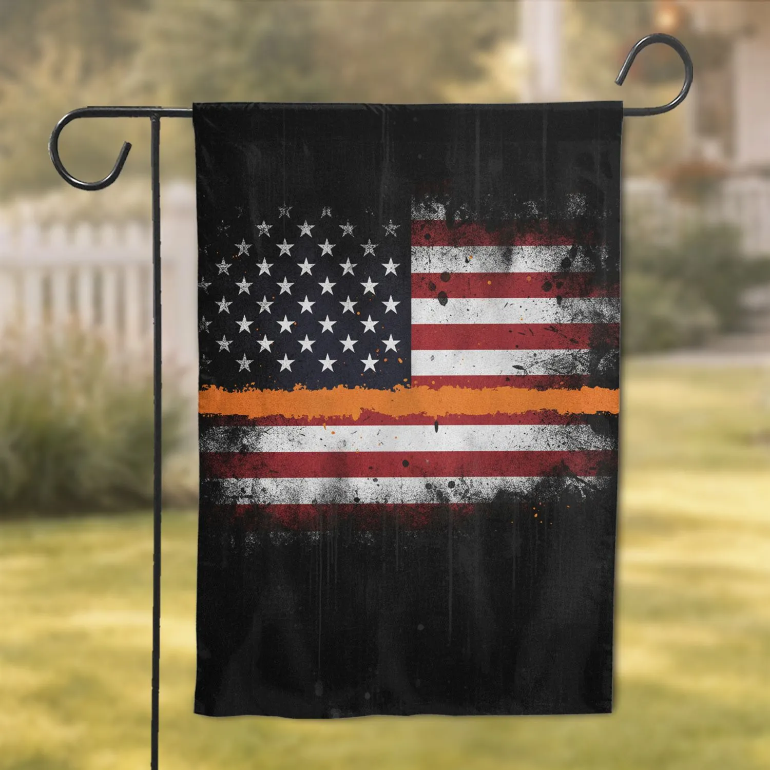 Thin Orange Line Grunge Distressed American Flag - Patriotic Home Decor Gift Garden Flag - 1