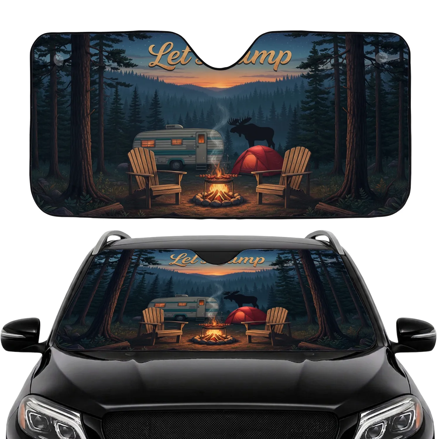 Let's Camp Adirondack Chairs Campfire Moose RV Tent Road Trip Gift Car Sunshade - 1